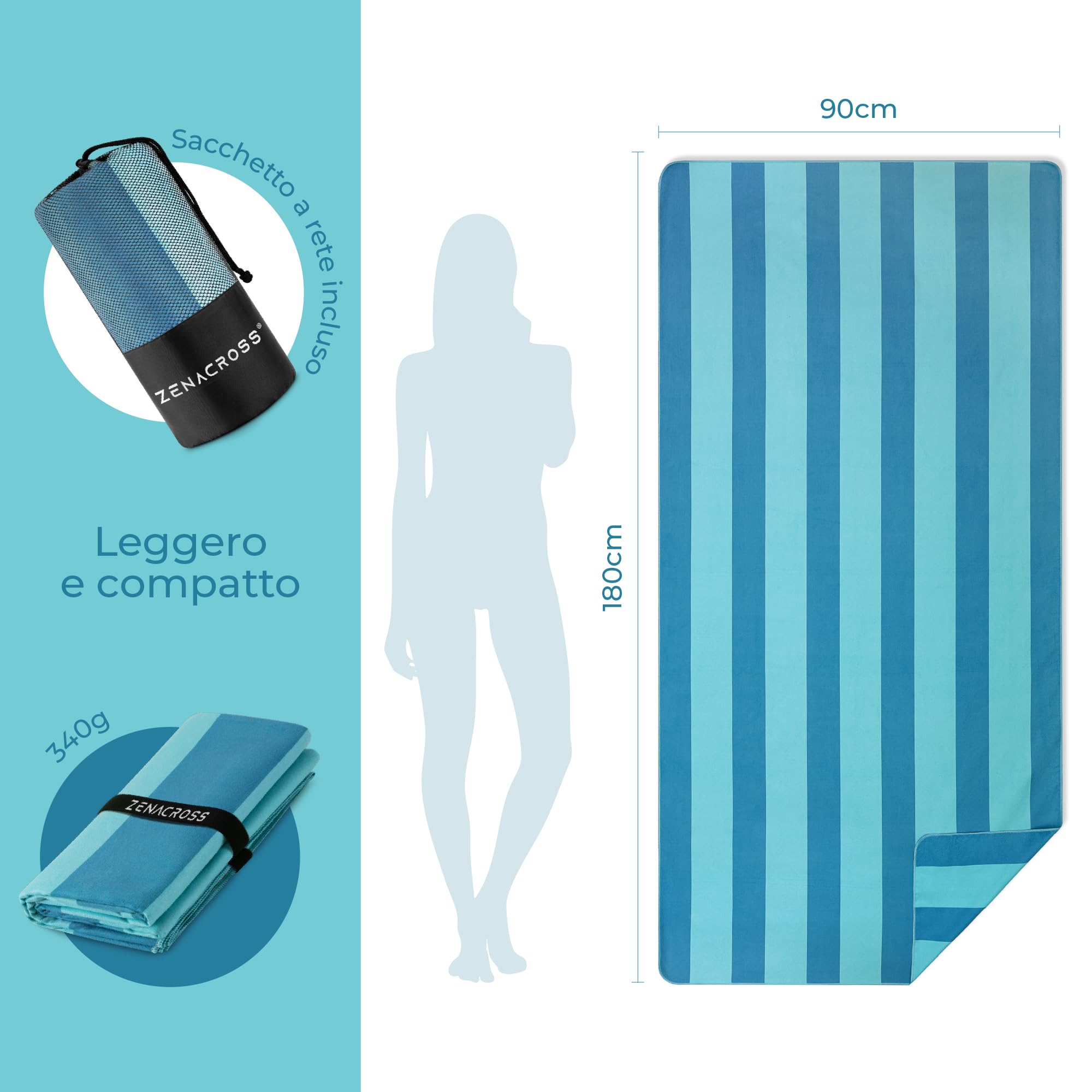 Zenacross - Telo Mare Microfibra - Asciugatura Rapida e Anti-Sabbia - Légère, fine et séchant rapidement - Asciugamano Grande Telo Mare XXL 90x180 cm - Turchese e blu