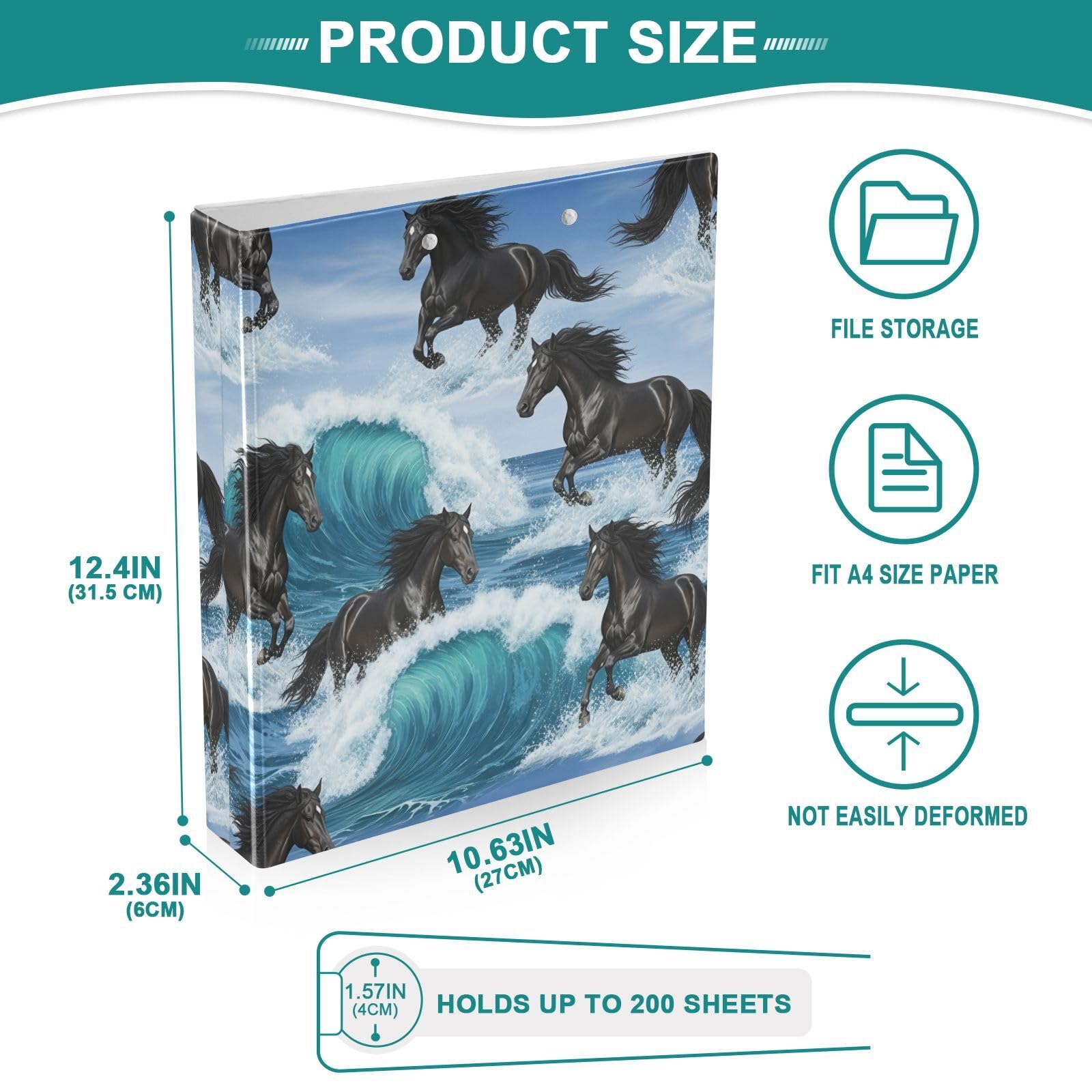 Black Horses Ocean Waves - Raccoglitore a 3 anelli, flessibile, confezione da 2