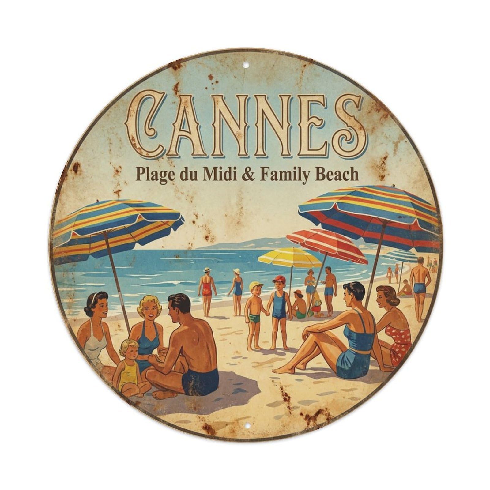 Family Beach Midday Cannes France Coastal Travel Metal Tin Sign