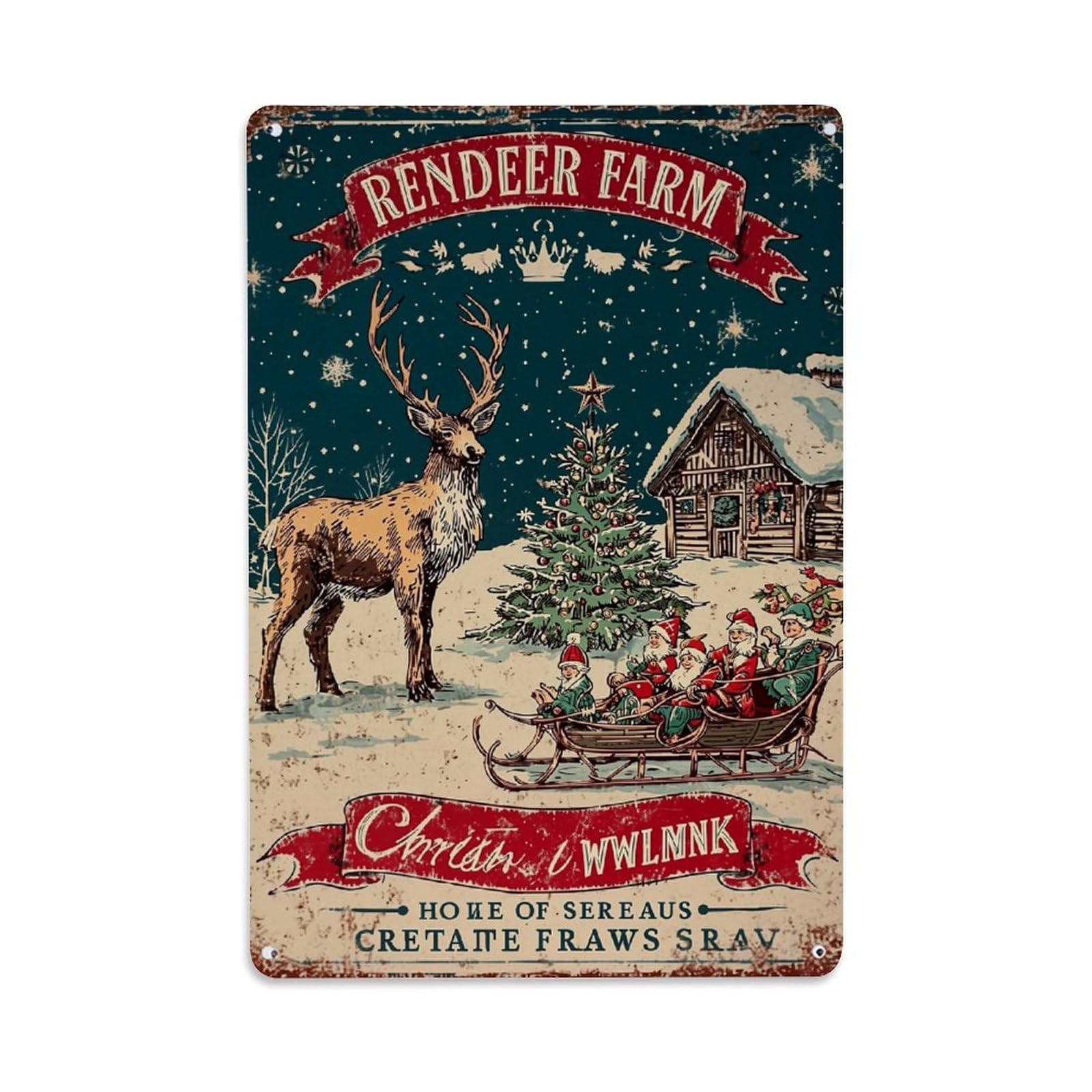 Jdfenggu Vintage Reindeer Farm Christmas Sleigh Scene Retro Metal Tin Sign, Decor Art Poster For Bar, Home, Man Cave, Kitchen, Laundry Room Gift 8X12inch