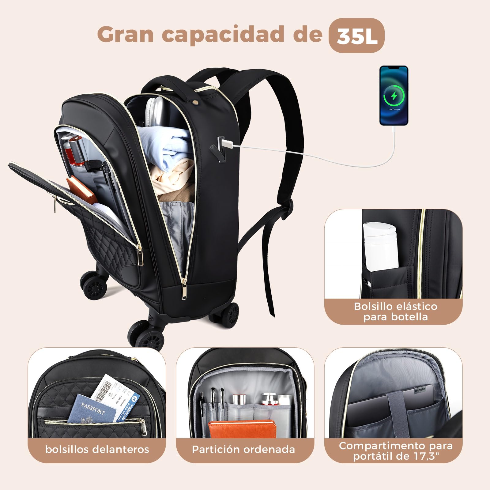 Sac à Dos à Roulettes pour Femme 15.6 Pouces Ordinateur Portable 35L