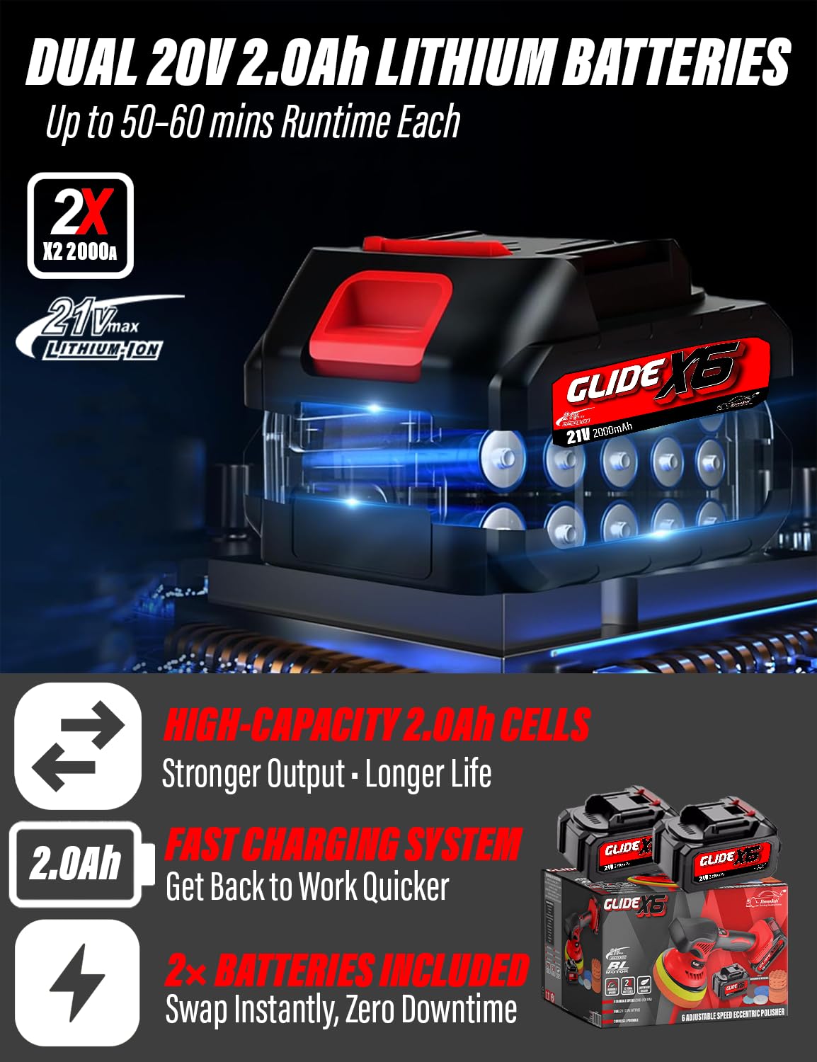 Xtremeauto Glide X6 Cordless Dual Action Car Polisher Kit – 21V Brushless Buffer & Waxing Machine with 2 Batteries, Variable Speed Orbital Polishing Tool for Car Detailing, Scratch Removal & Finishing — view 7