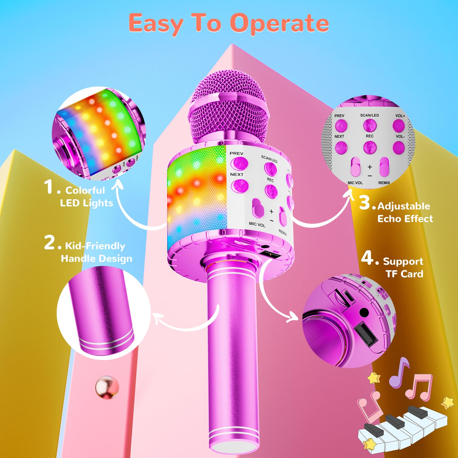 Ankuka Microfono Karaoke Bluetooth Wireless Microfono Bambini Regalo per Bambini 3-12 Anni Microfono Giocattolo Cambia Voce, Compatibile con Android, iOS, PC Viola