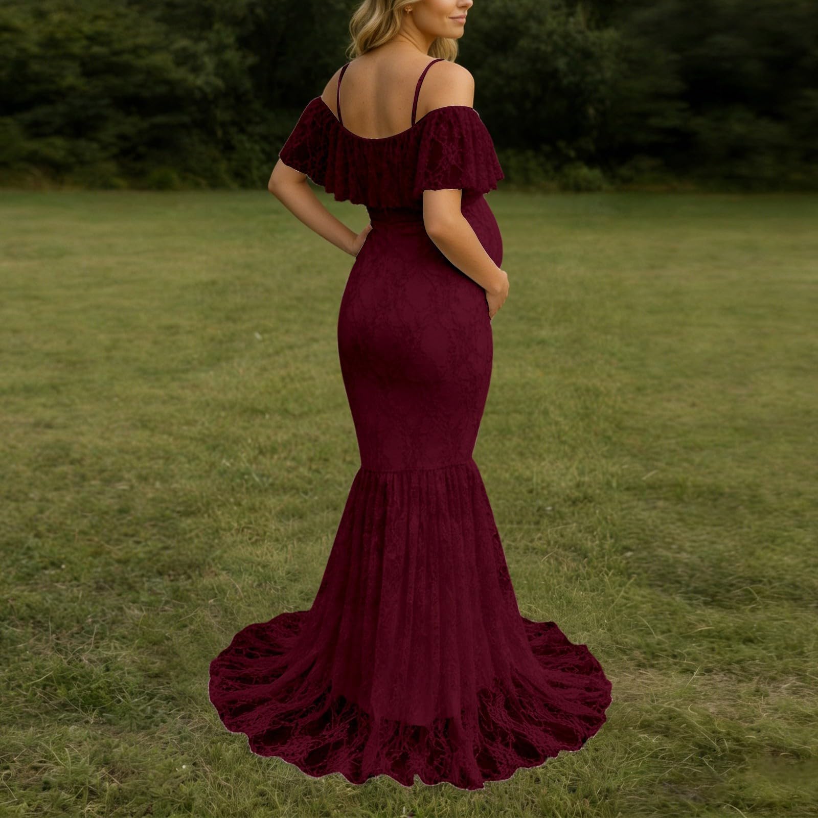 Elegante abito premaman per servizi fotografici con delicata decorazione in pizzo e maniche fluide, morbido materiale elasticizzato per la crescita della pancia, adatto per servizi fotografici in