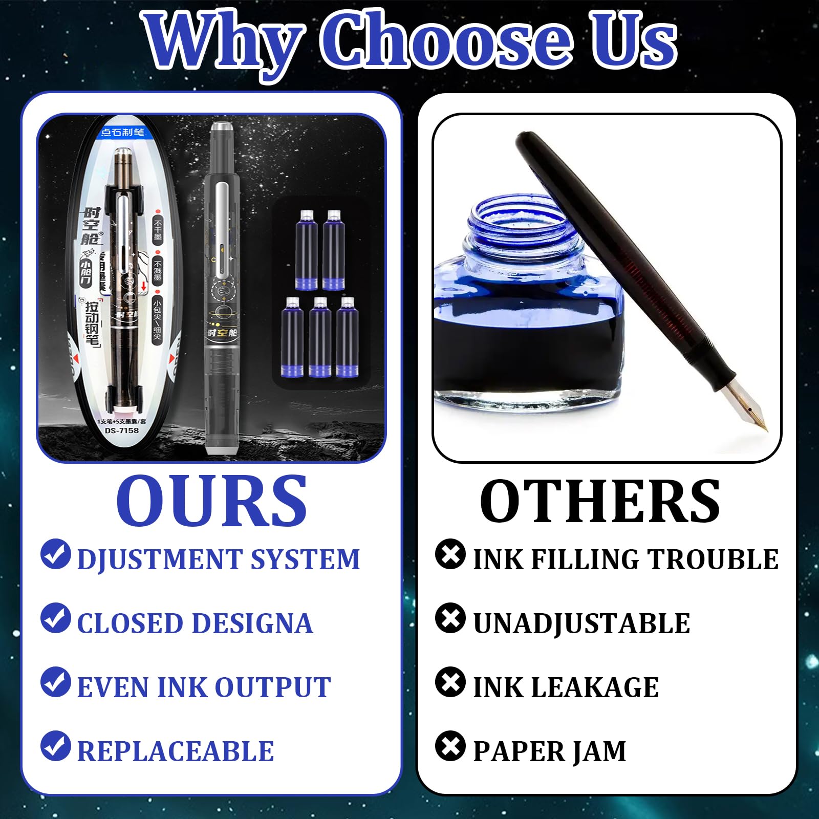 Uoxmiy 2 PCS Retractable Fountain Pen, 0.38mm Refillable Ink Press Fountain Pens, Transparent Barrel Retractable Pen with 10 PCS Ink Sac for Writing, Painting, School, Office (Dark Blue/Black) - Image 4