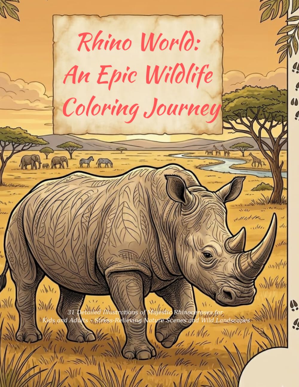 Rhino World: An Epic Wildlife Coloring Journey: 31 Detailed Illustrations of Majestic Rhinoceroses for Kids and Adults – Stress-Relieving Nature Scenes and Wild Landscapes