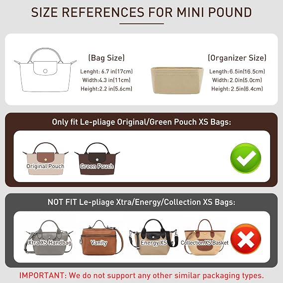 Purse Organizer Insert Compatible with Longchamp Mini Bag and More, Bag Insert for le pliage Original/Green Pouch with Handle/Extra Small Handbag Inner Shaper(Mini, Beige)