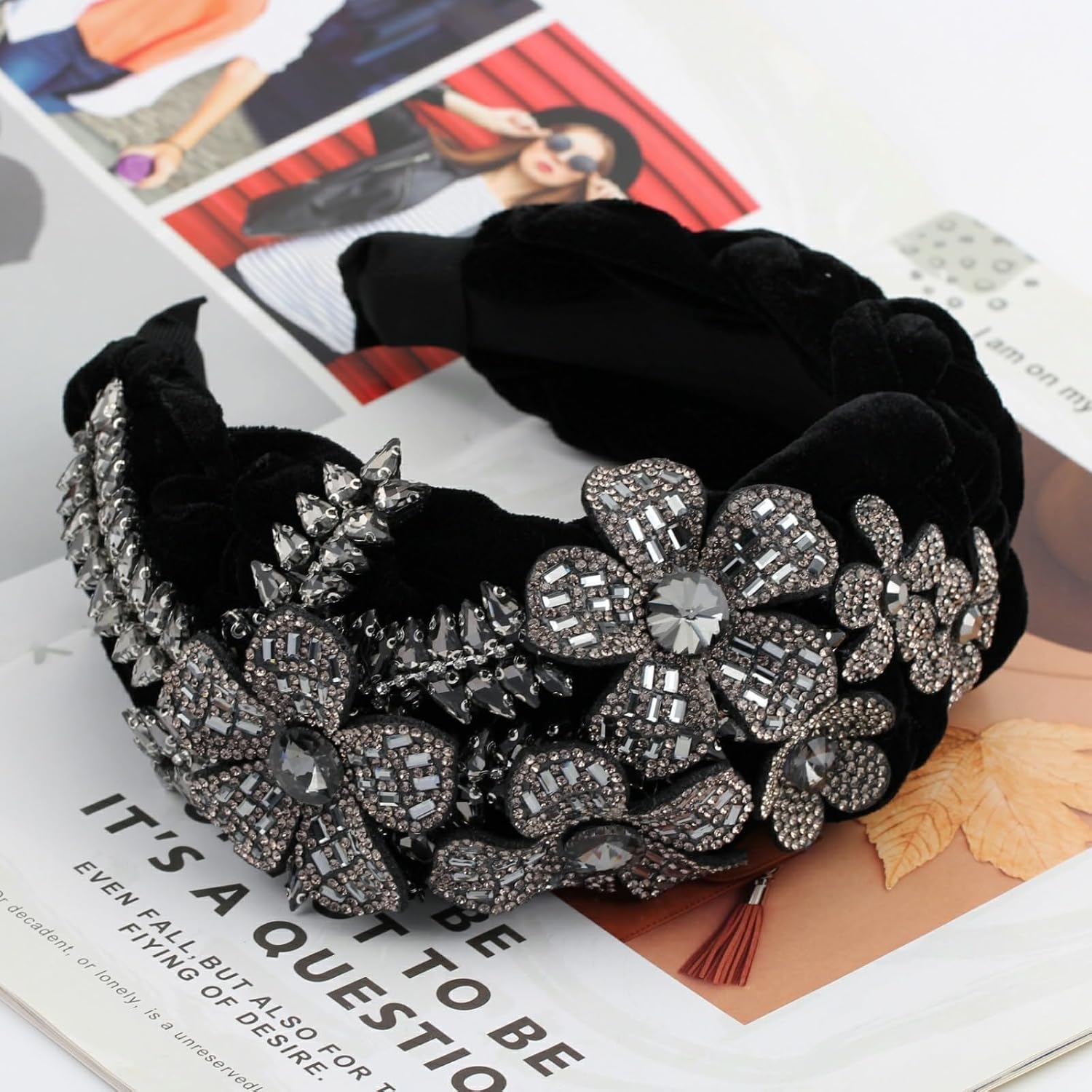 Big Wide Crystal Flower Headband for Women Pearl Rhinestone Butterfly Leaf Padded Velvet Elegant Floral Hairband (H1105-black)