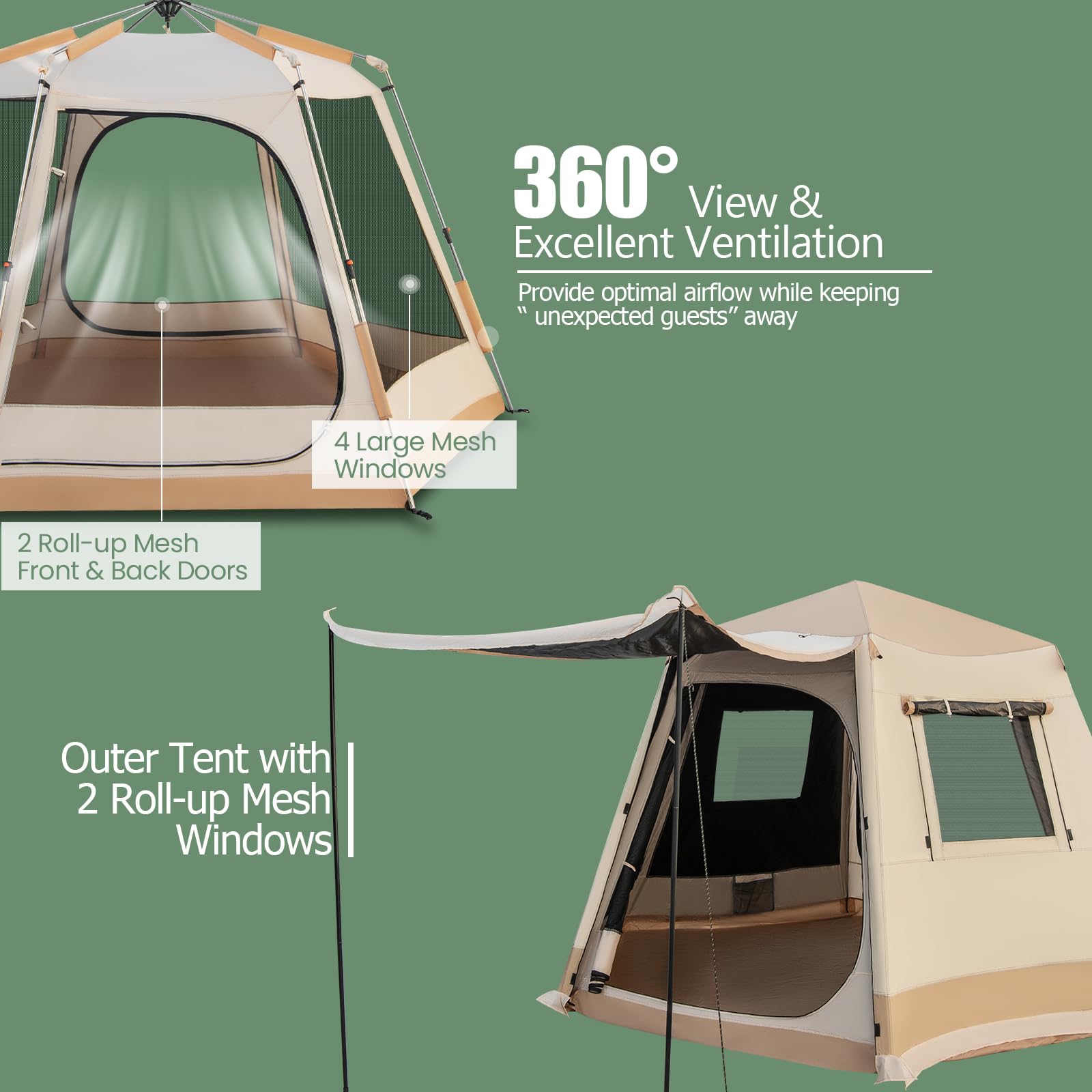 HOMASIS Tenda Campeggio Esagonale per 4-6 Persone, Tenda Pop-up Automatica con Doppia Porta e Borsa da Trasporto, Tenda Famigliare con Zanzaziera per Escursioni, Spiaggia, 330 x 270 x 200 cm, Beige