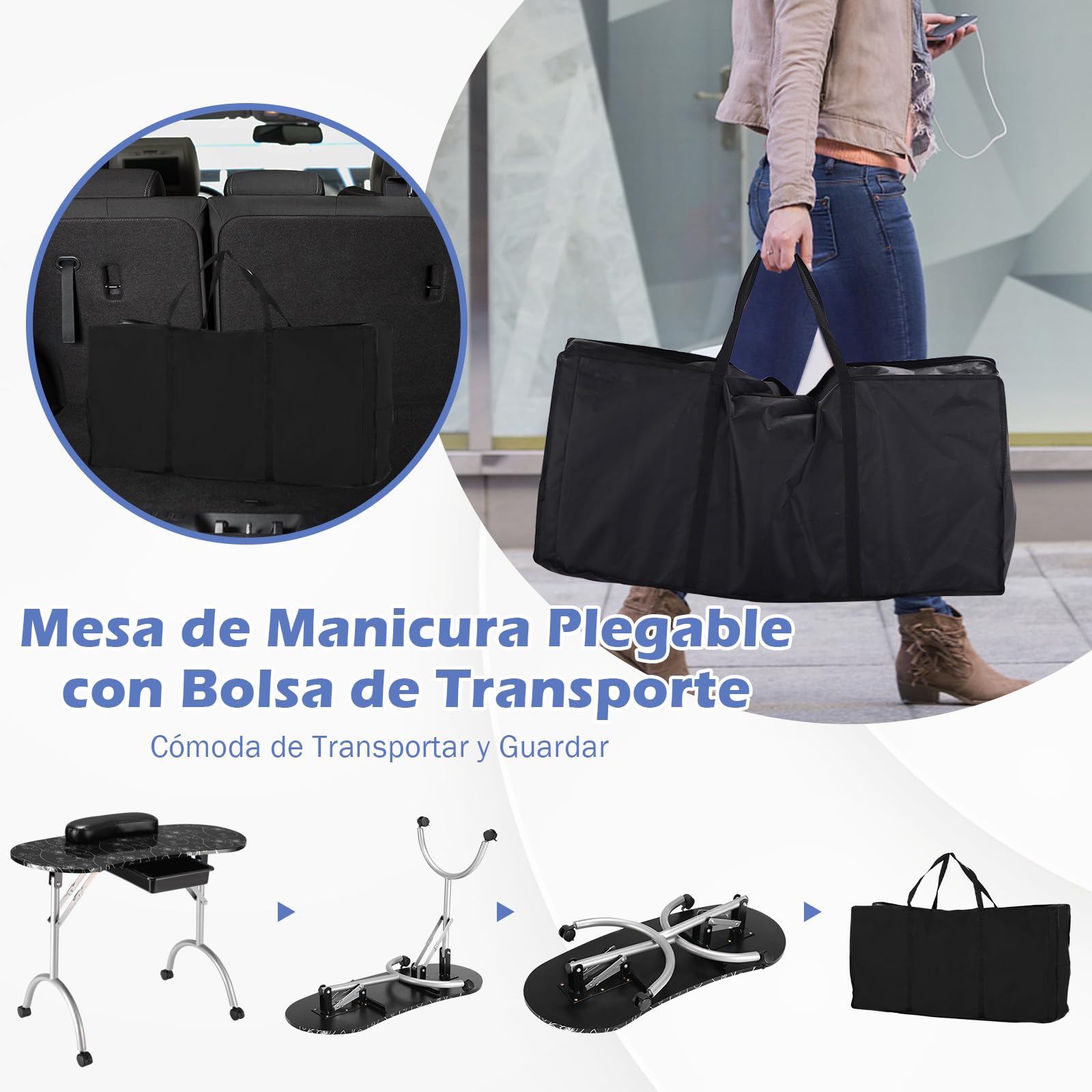 COSTWAY Mesa de Manicura con Ruedas Plegable Portátil con Caja de Almacenamiento y Almohada para la Muñeca para Uña Decoración