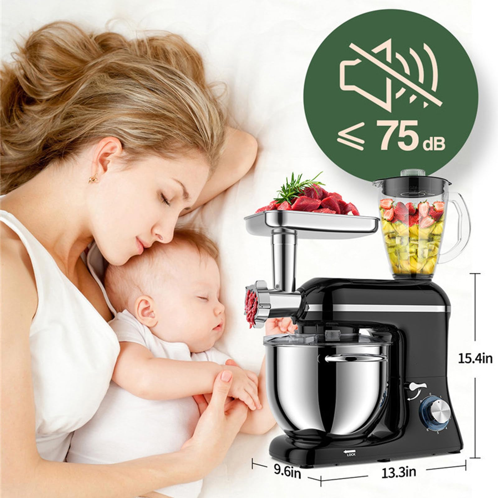 3-in-1-Multifunktionaler Standmixer/Mixer/Fleischwolf – 7,5 Qt Edelstahlschüssel, 1,5 l Glasbehälter, stumm/6 Geschwindigkeiten – für 8–12 Personen Familienparty Abendessen machen