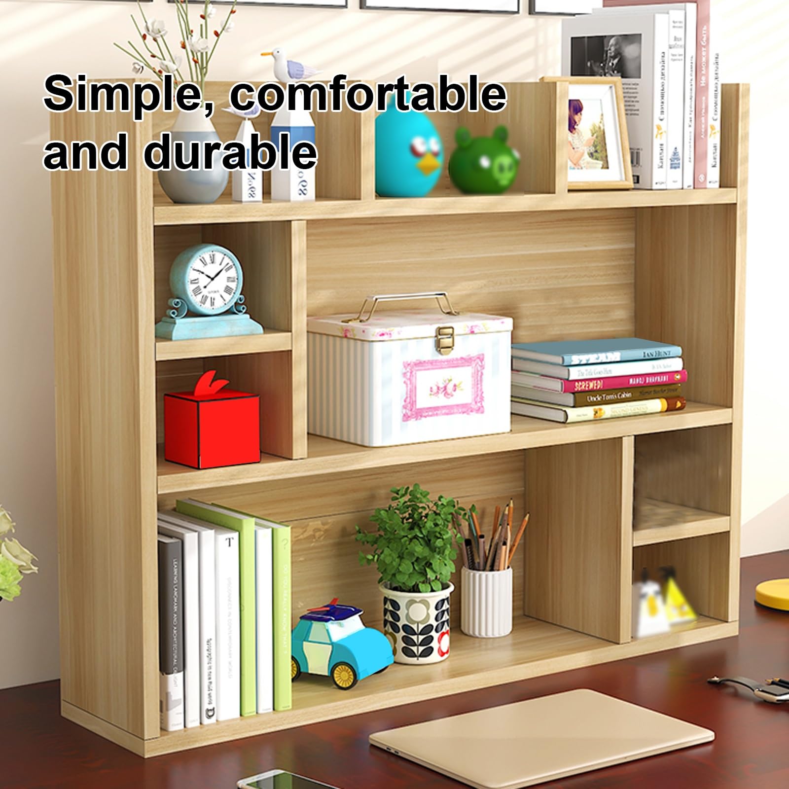Pótka na Biurko Organizer na Półkę Biurkową Ekologiczna Deska z Litego Drewna Organizer na Półkę Na Biurko Regał na Biurko do Biura Książek Roślin(Light Walnut,80cm)