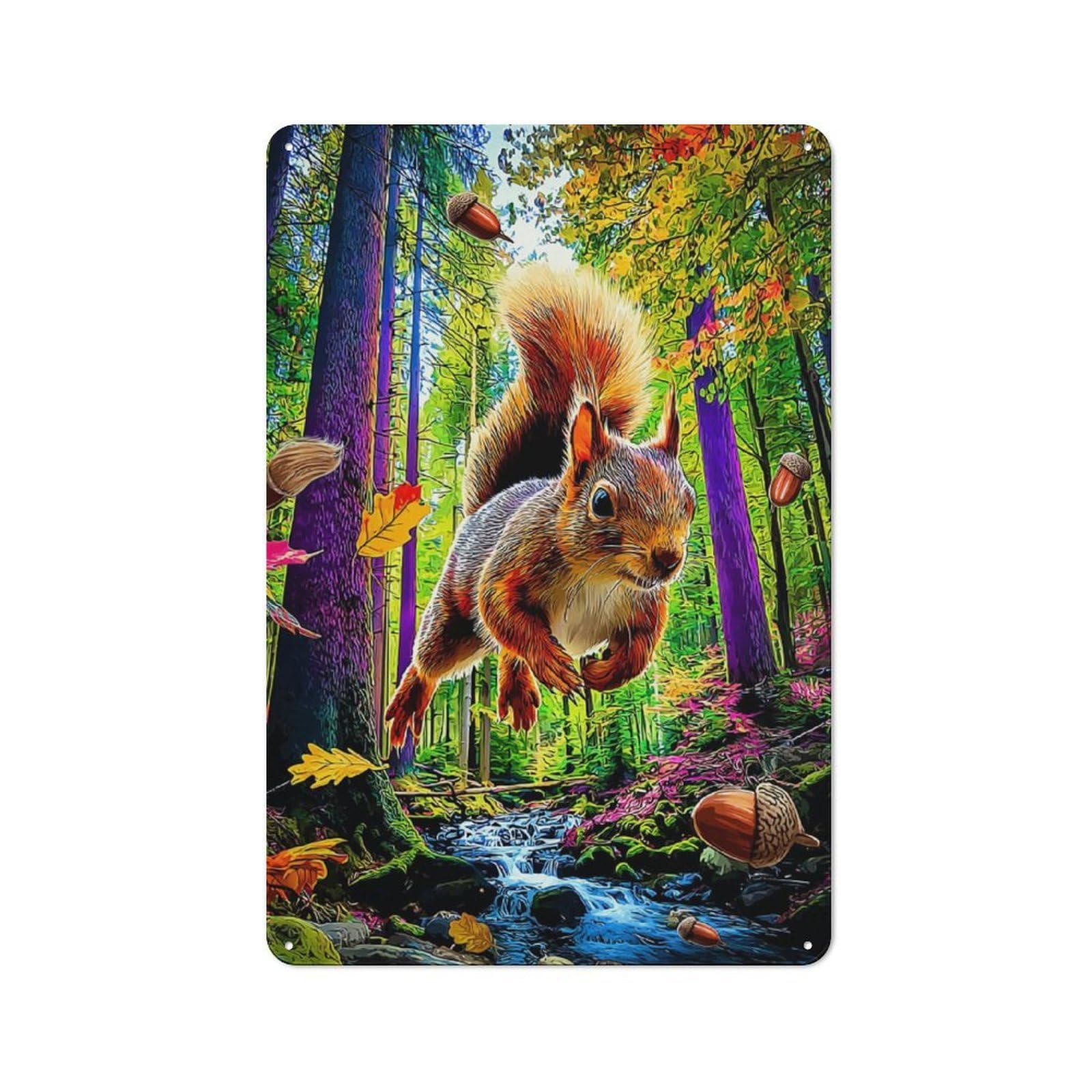 Junmoney Autumn Squirrel In Forest Metal Wall Sign 30X20cm Featuring For Pub Or Café, For Pub Decor Enthusiasts, For Retro Home Interiors