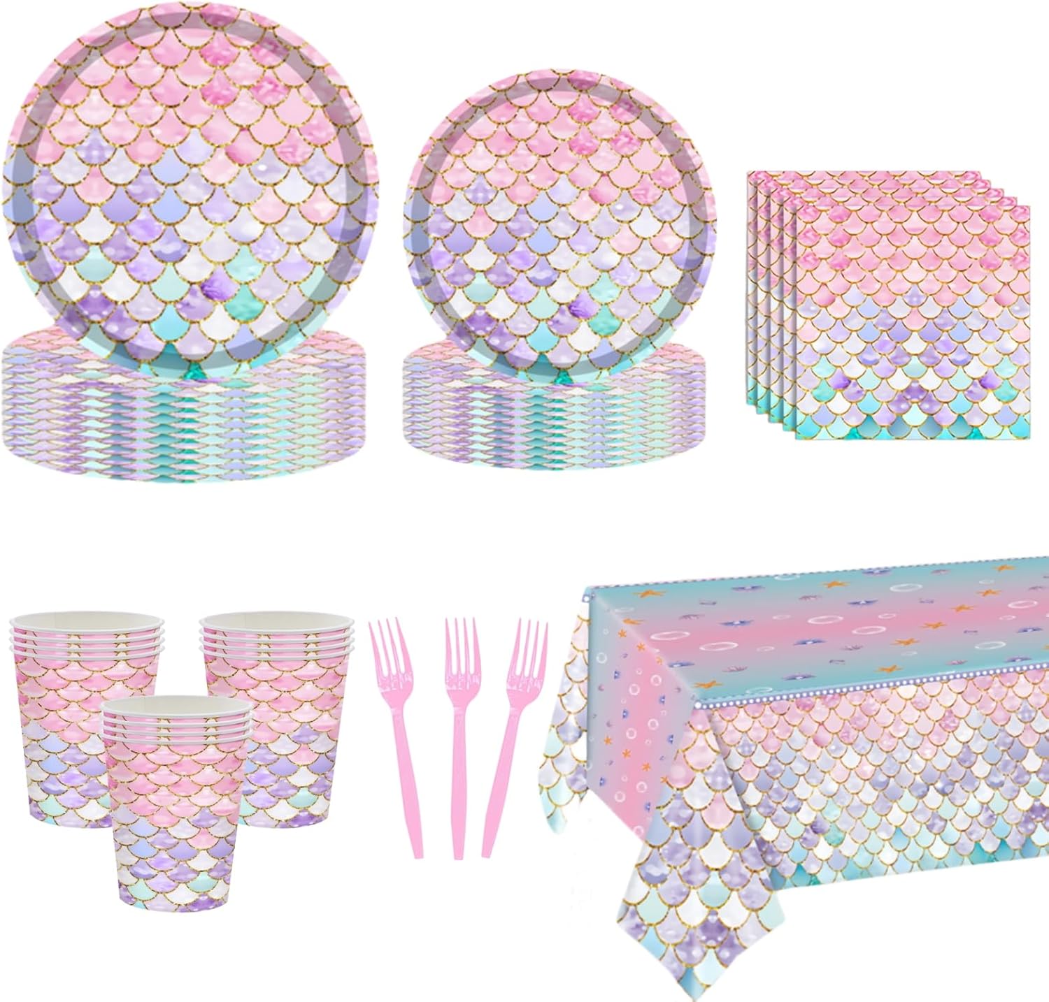 Askljeby 121 Pcs Mermaid Birthday Party Decorations Plates Set for 24 Guests,Little Mermaid Party Supplies Ocean under the Sea Party Tableware Plate,Fork,Napkins Tablecloths Cups for Princess Girls