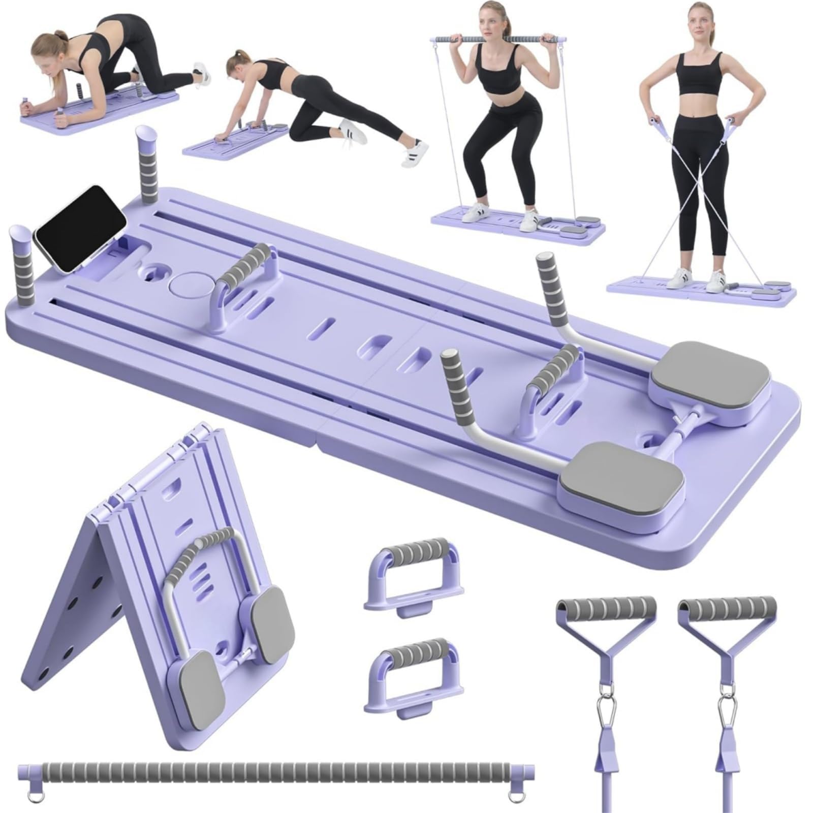 Pilates Board,Upgraded Multifunctional Faltbarer Pilates Reformer,Automatisches Rebound Bauchmuskeltrainer Mit Widerstandsband,Exercise Board for Home Exercises,Lila