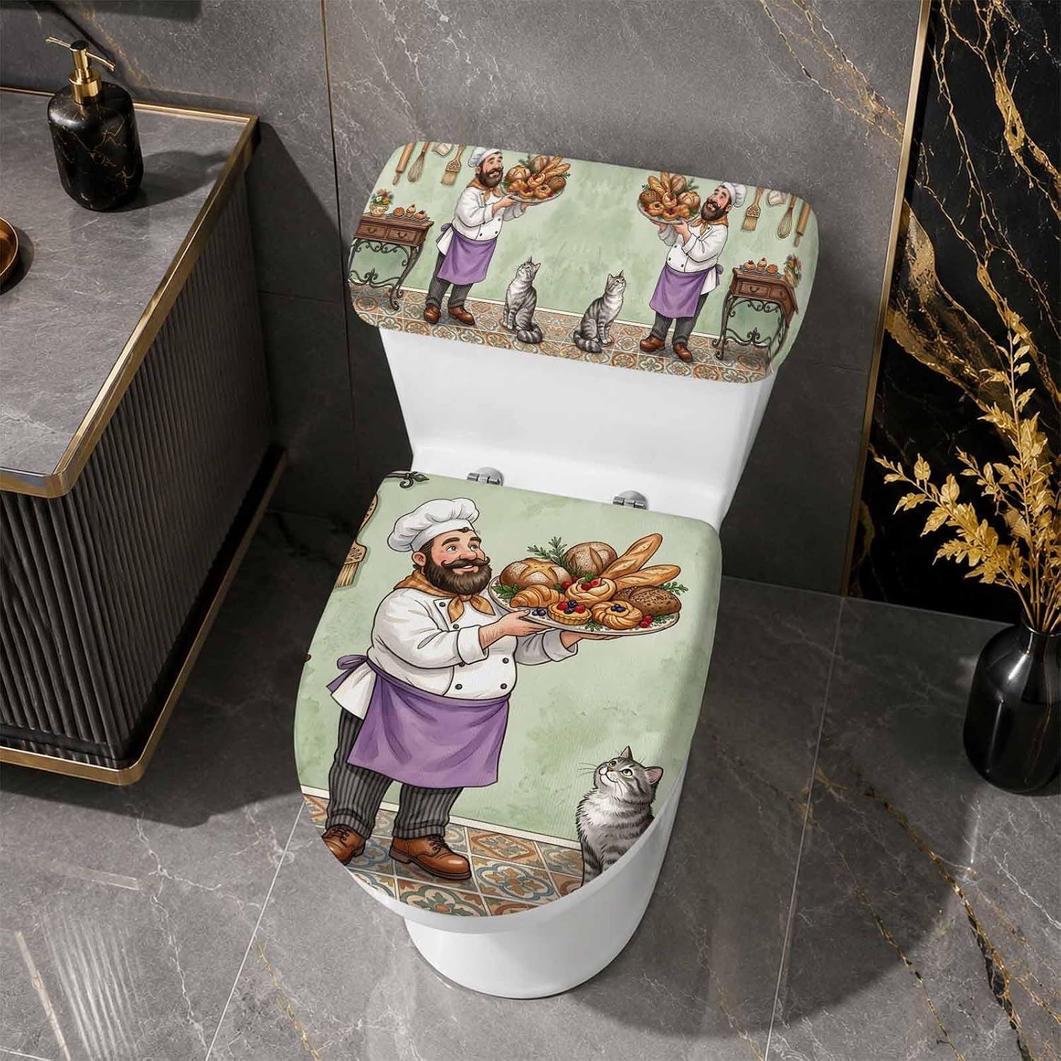 Funny Fat Chef Toilet Lid Cover and Tank Cover Set, 2 Pieces Stretch Toilet Covers, Elastic Fit for Round, U-Shaped & Elongated Toilets Bathroom Decor Cook Bread Dish Cute Cat Country Green
