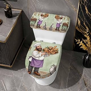 Funny Fat Chef Toilet Lid Cover with Tank Cover Set 2pcs, Stretch Fabric Toilet Seat Protector, Cook Bread Dish Cute Cat Country Green Universal Fit Bathroom Accessories for Home Hotel Toilets