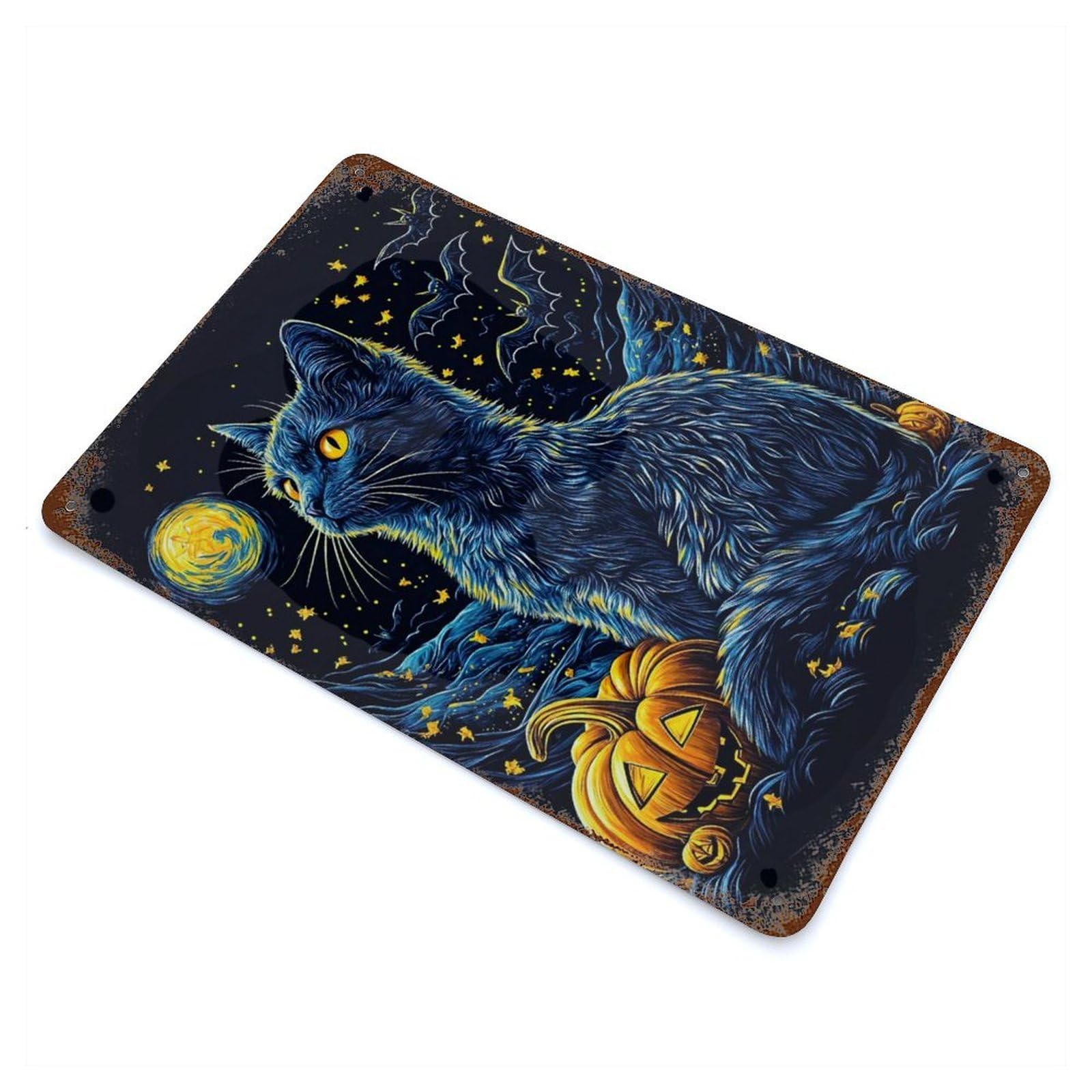 Halloween Cat & Moon Decorative Tin Sign 11.8"x7.9", Retro Wall Decor for Living Room, Hallway And Home Decor