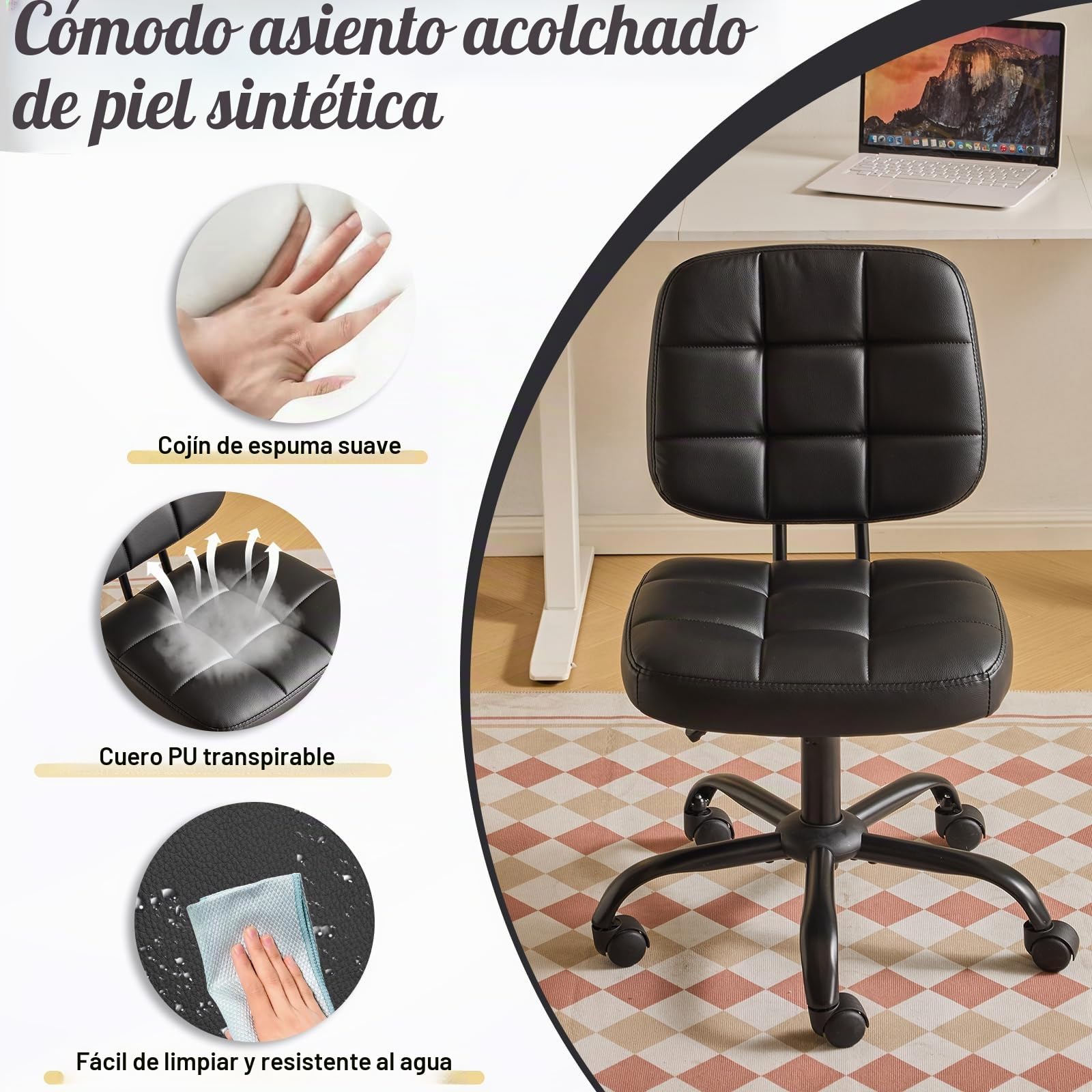 Bonnlo Silla de Oficina con Ruedas, Asiento Cómodo y Giratorio, Regulable en Altura, Ideal para Ordenador y Jornada de Trabajo, Negro