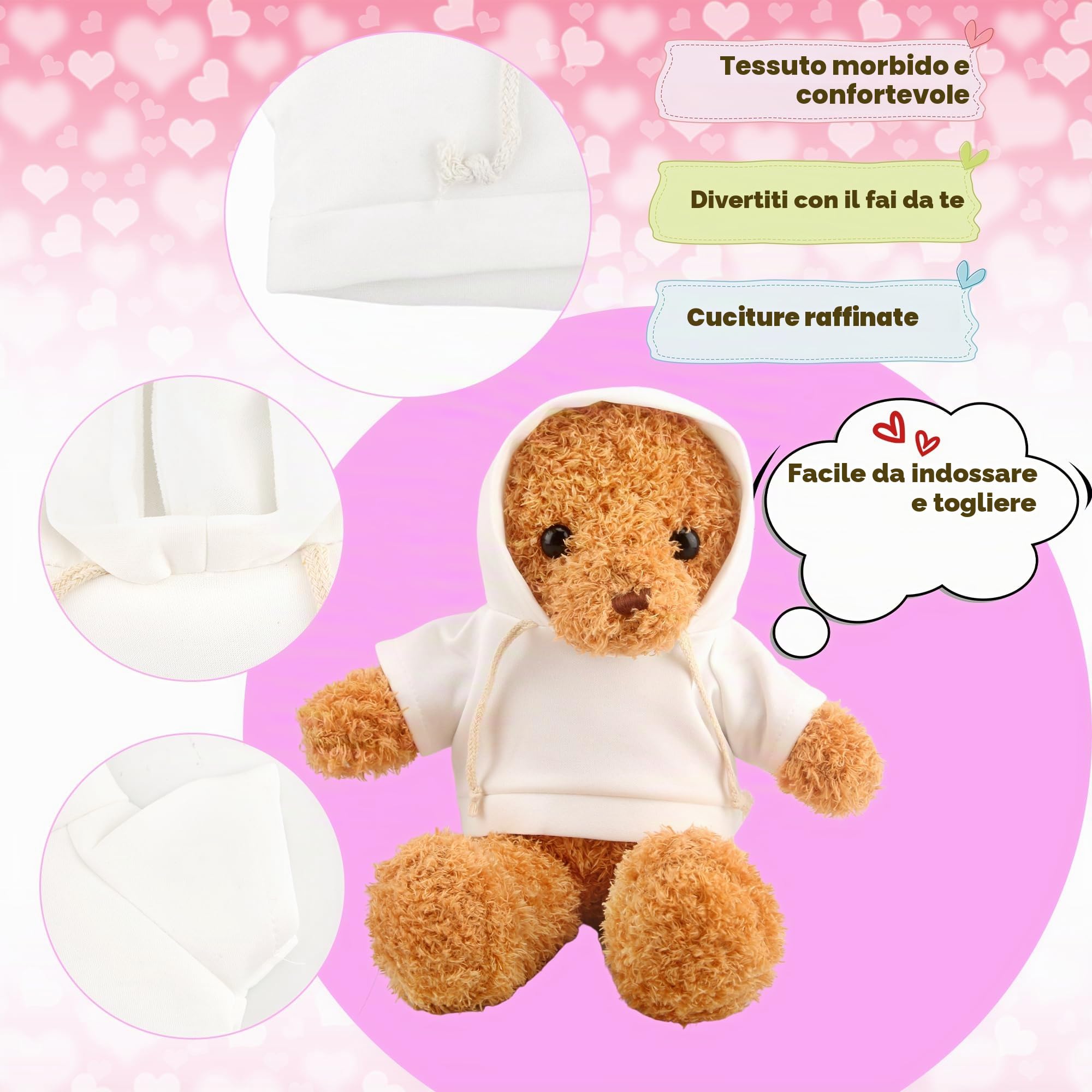 Confezione da 12 vestiti bianchi a sublimazione per orso ripieno, include 6 magliette bianche con cappuccio e 6 magliette vuote per bambole per bambole da 35-45 cm fai da te