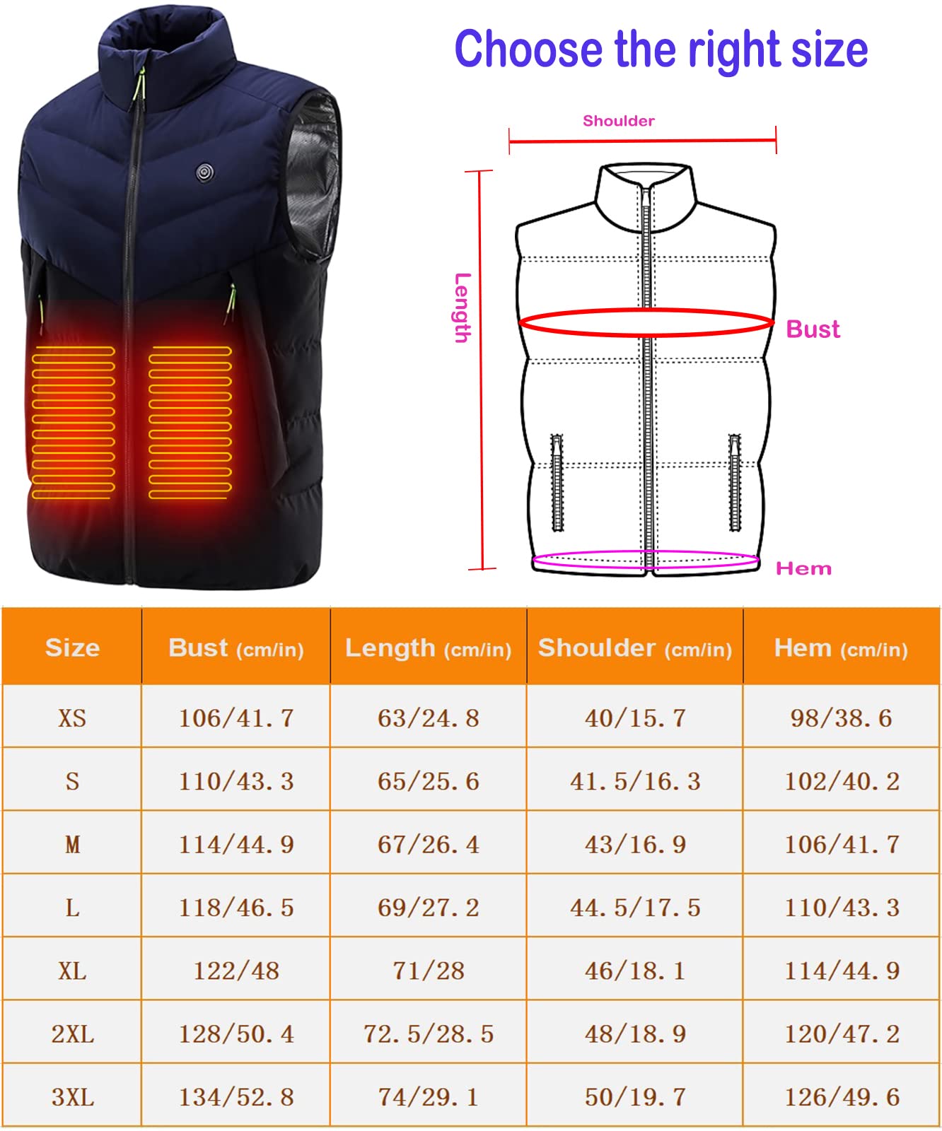 Chaleco calefactable para Hombre, Chaqueta térmica de Invierno con Carga USB eléctrica y 3 temperaturas Ajustables (sin batería Externa) (Azul Marino, Talla XS)
