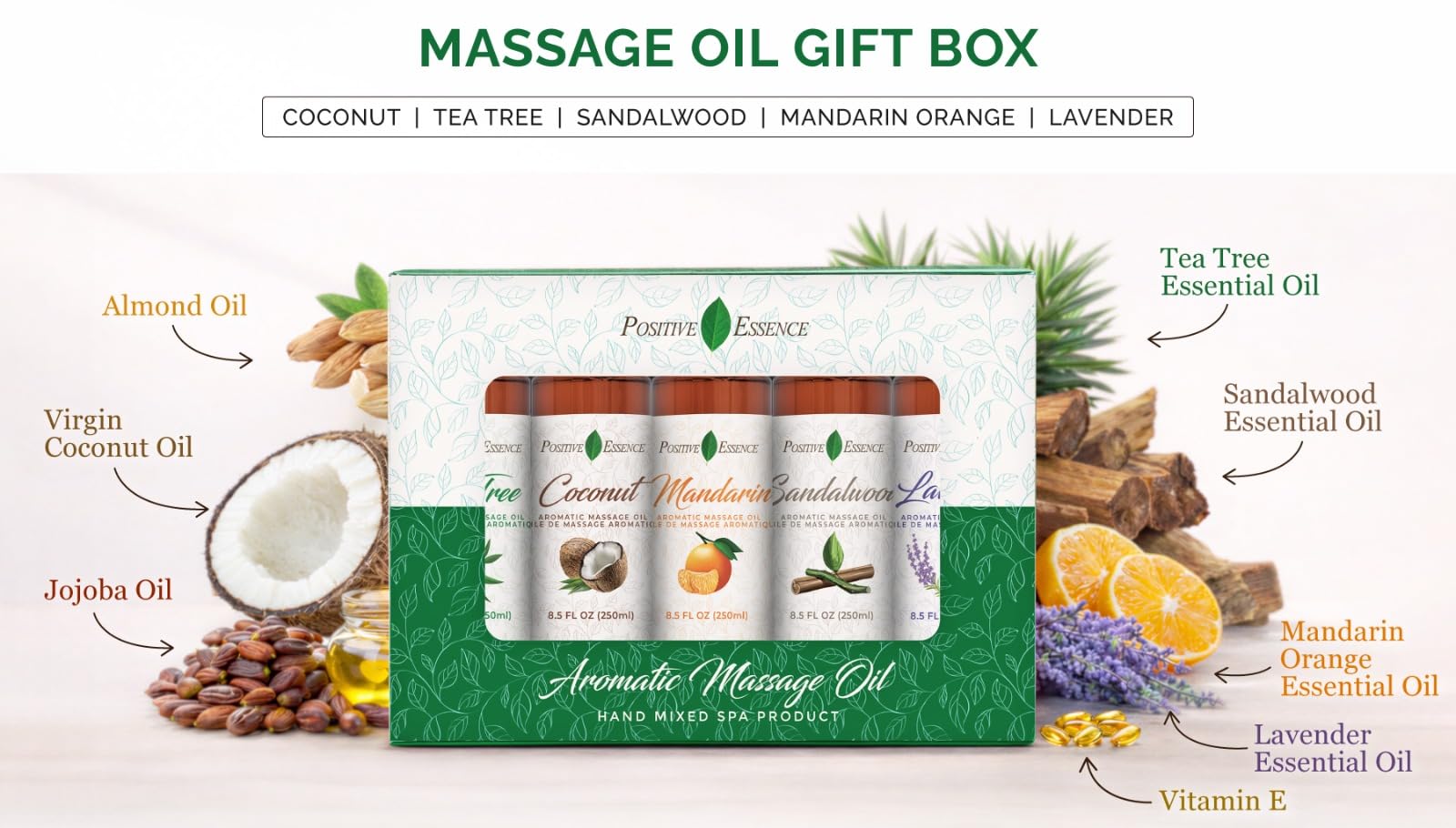 Juego de aceites de masaje para terapia de masaje, aceites de masaje orgánicos terapéuticos, alivia el estrés, apto para veganos, fabricado con aceites esenciales puros, jojoba, vitamina E y almendra