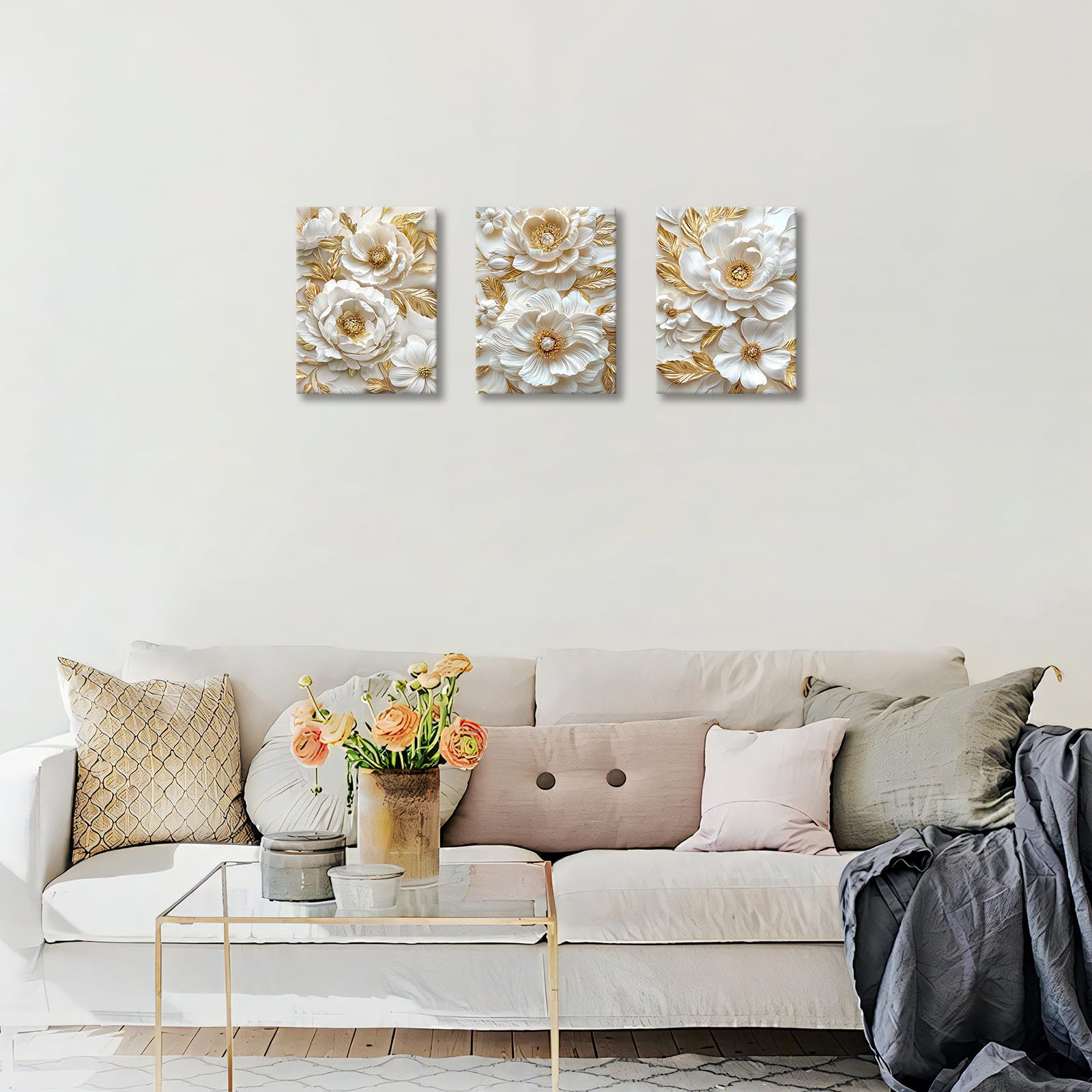 3Pcs Beige Oro Fiori di Peonie 3D Stampa su tela Con Cornice Cammeo floreale di lusso Pittura Quadri su tela Quadri Moderni Quadro Moderno Bagno Camera da Letto Soggiorno Decorazioni Murale 30x40cm x3