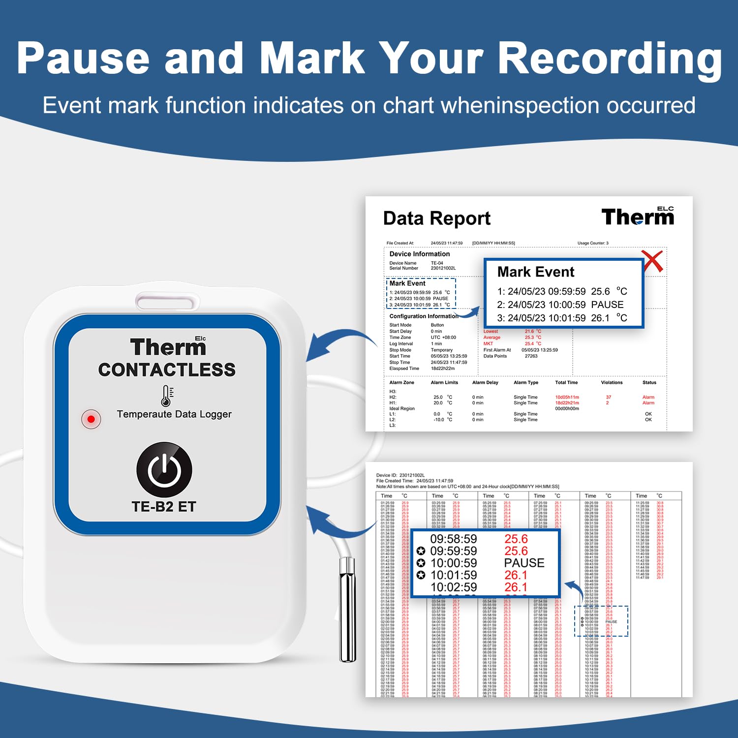 ThermElc TE-B2 ET 5-Pack registrador datos temperatura Bluetooth, kit de mapeo de almacén reutilizable con sonda externa, recopilación de datos por lotes y análisis de gradiente multidispositivo