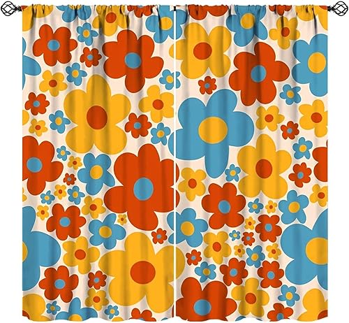 Miniatura 8 de Cortinas de flores rosas de los años 70, retro abstracto, bohemio, rosa, naranja, espiral, ondas, margaritas, estampado floral, cortinas opacas para