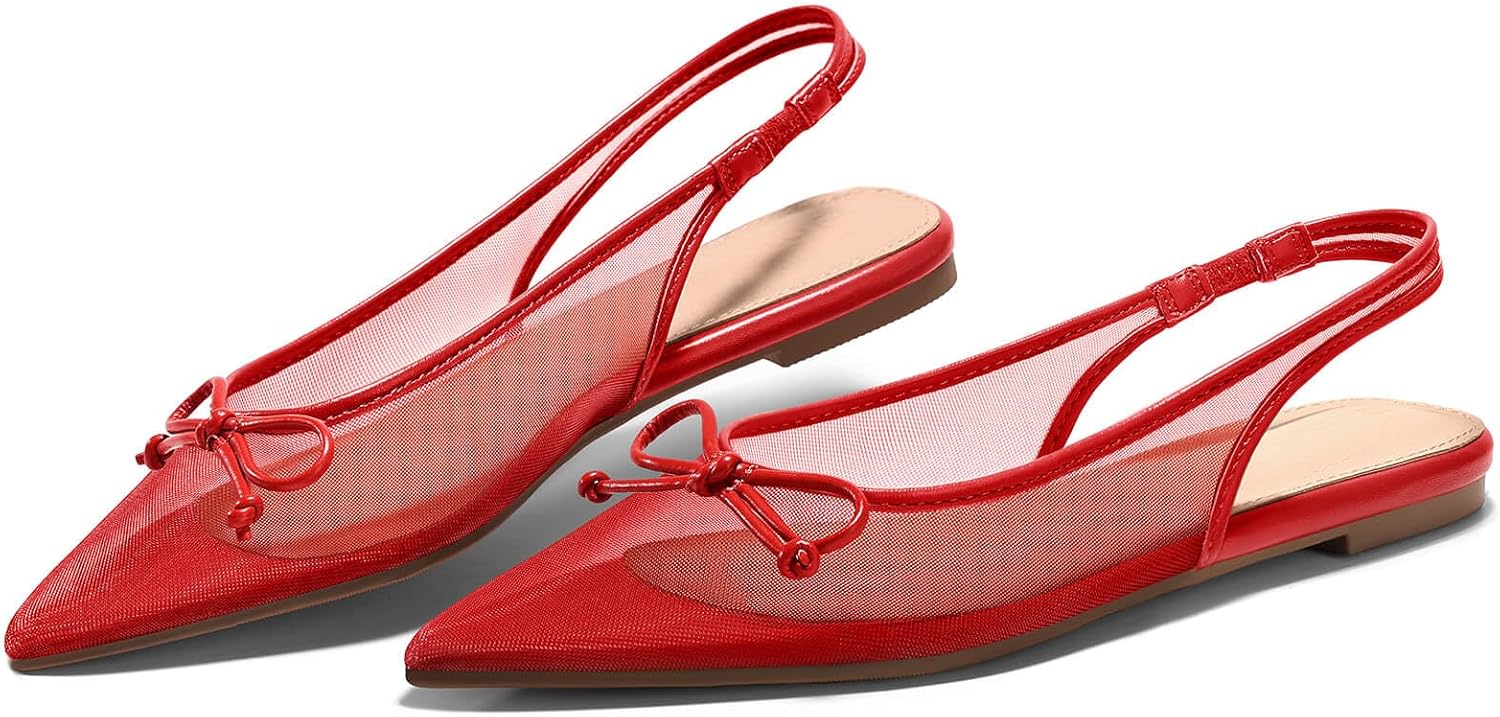 Coutgo Womens Slingback Flats Bow Closed Pointed Toe Mesh Ballet Flats Low Heel Sandals Dress Shoes