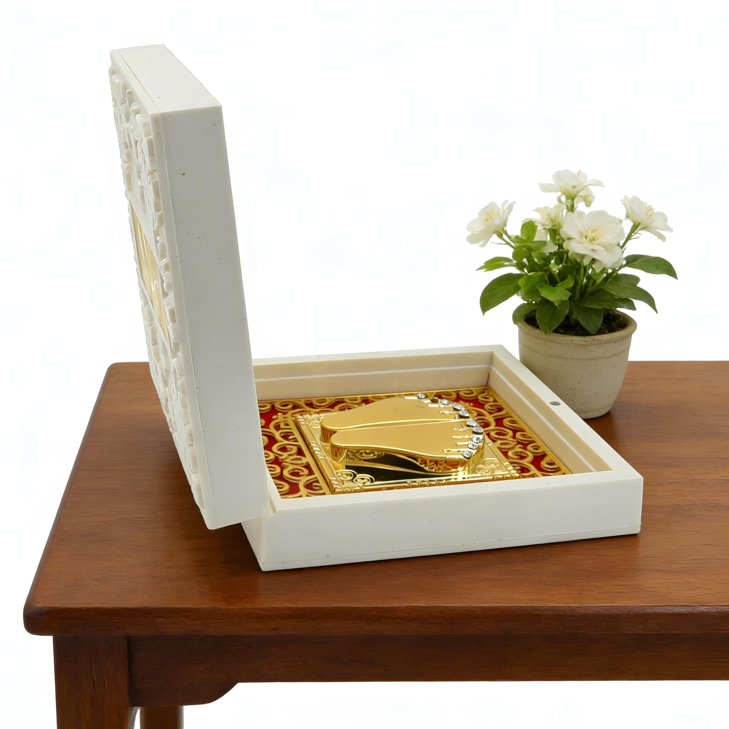 KABIR WORLD Radhe Shyam Divine Charan Paduka Yantra Box with Crystal Accents - 4.7" Premium White Floral Embossed Yantra Box - Radha Krishna Idol for Religious Gifiting,House Warming & Pooja Room 1