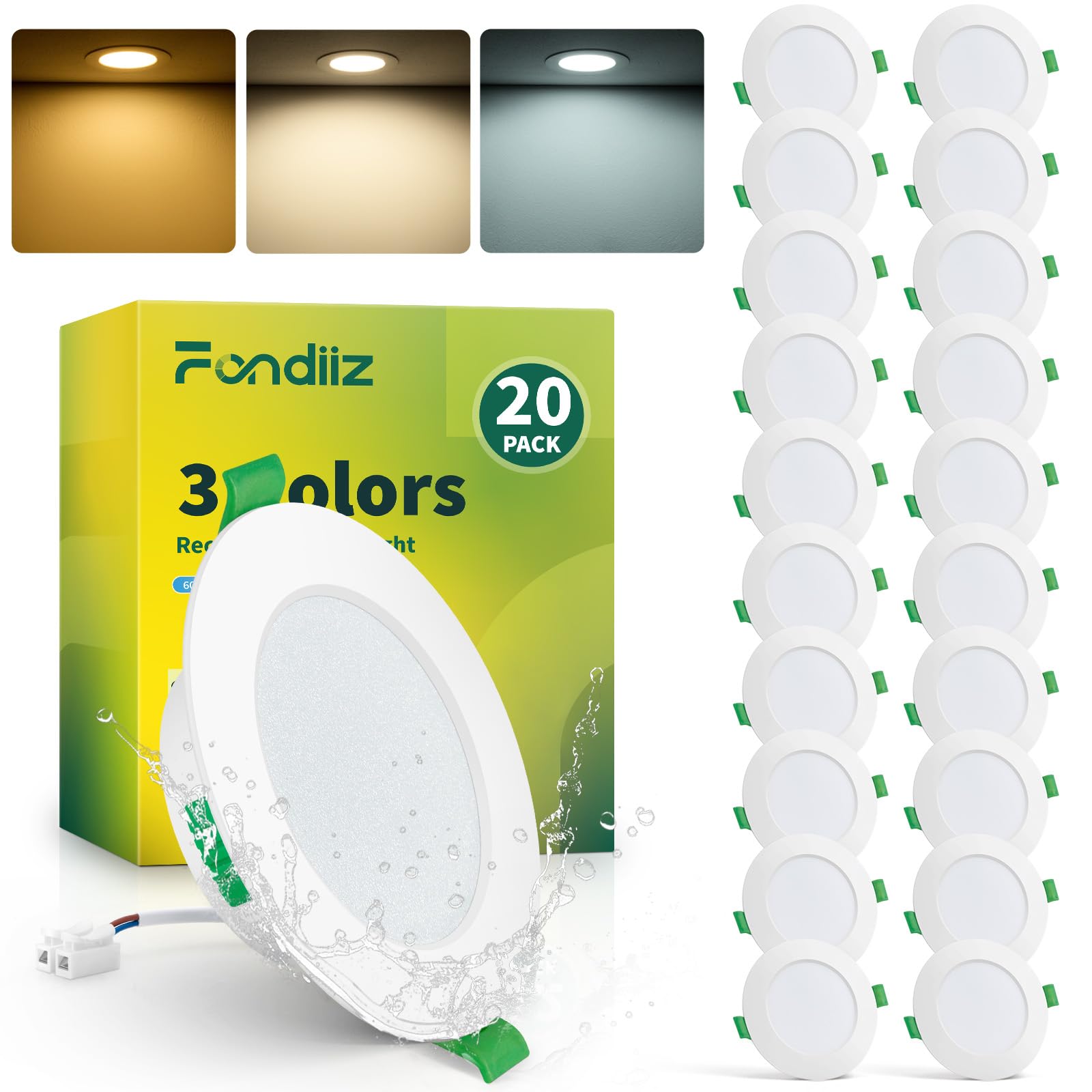 Fondiiz 20 Pack LED Downlights Ceiling, 6W Spot Lights 3CCT Warm White 2700K Natural White 4000K Cool White 6000K Adjustable, 75mm Cut Out, LED Recessed Ceiling Lights IP44 for Bathroom