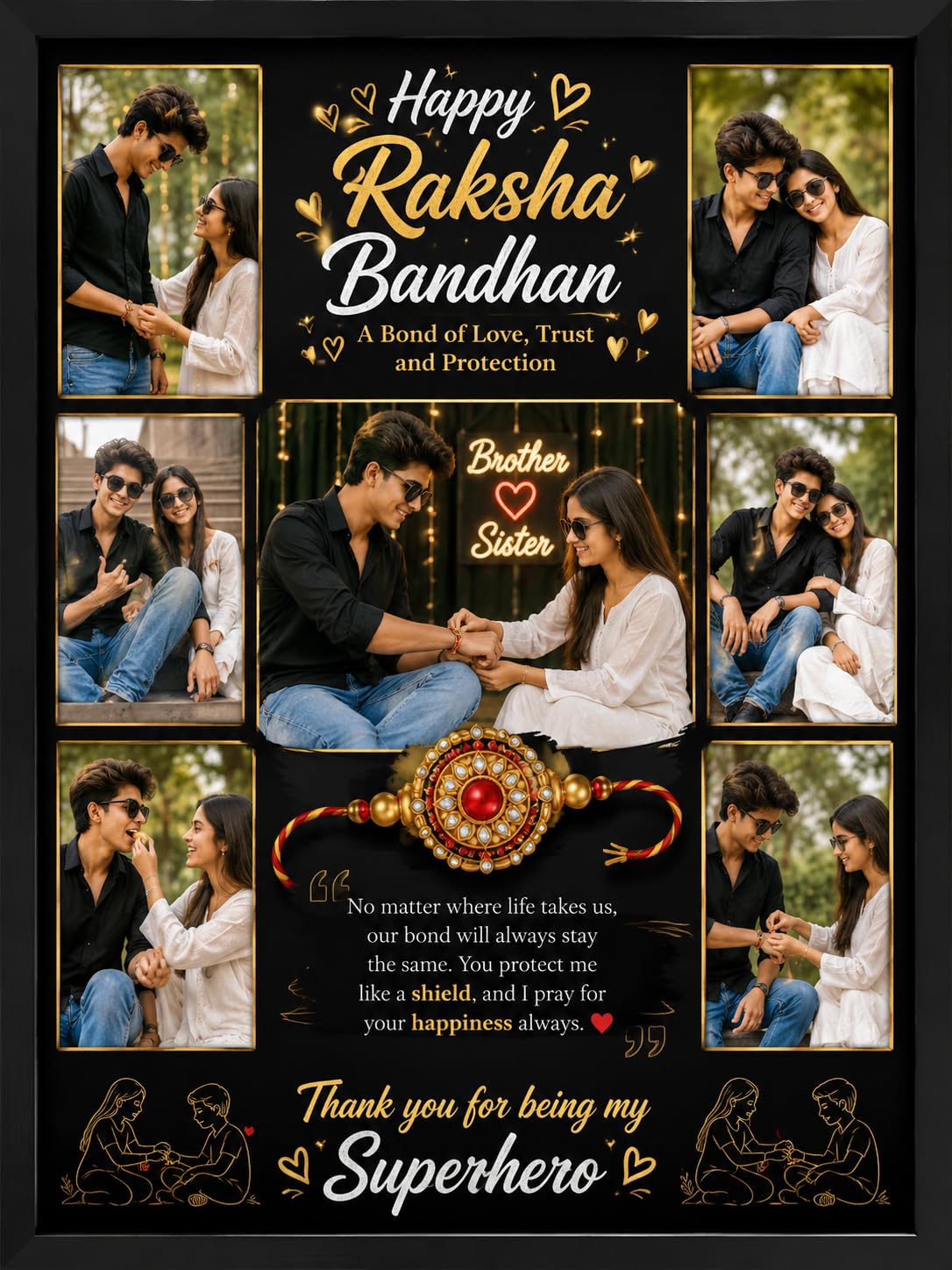 Raksha Bandhan Personalised Photo Frame, Brother Sister | 9 Photo Collage, Custom Photo Print, Framed Wall Decor, Pan India Delivery, Rakhi Theme Design-image-21