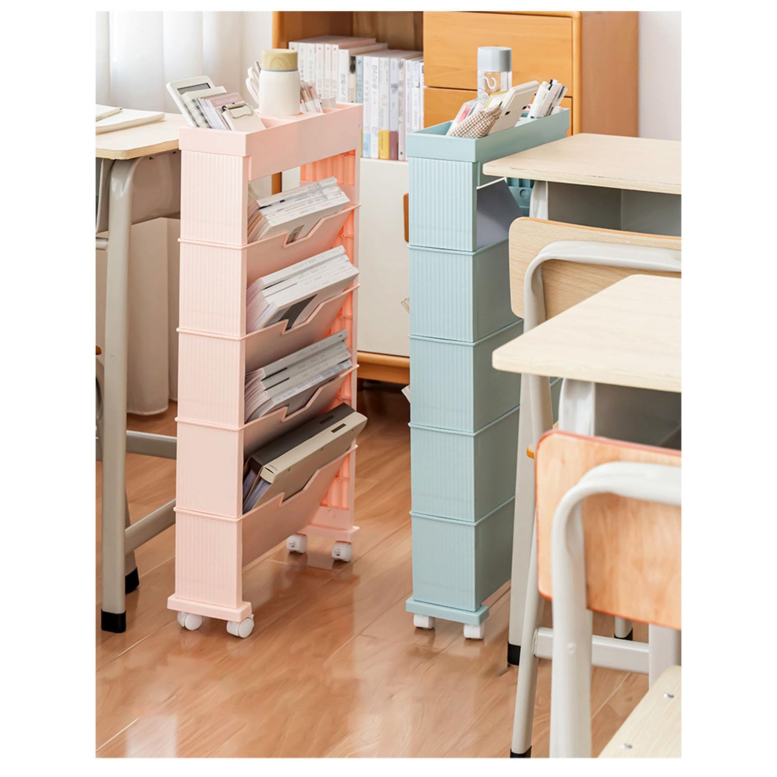 Libreria mobile con ruote per bambini, grande capacità, 5 ripiani, ideale per studenti a scuola o camera da letto, colore: rosa