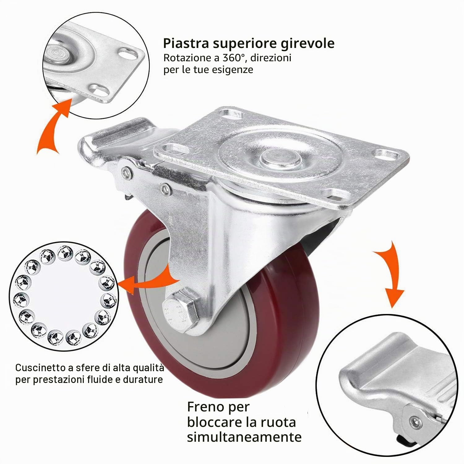 COOCHEER Set of 4 100 mm Ruote girevoli, Ruote Orientabili con Freno Rotelle per Letto e Mobili, Capacità di carico massima 400KG, Rosso