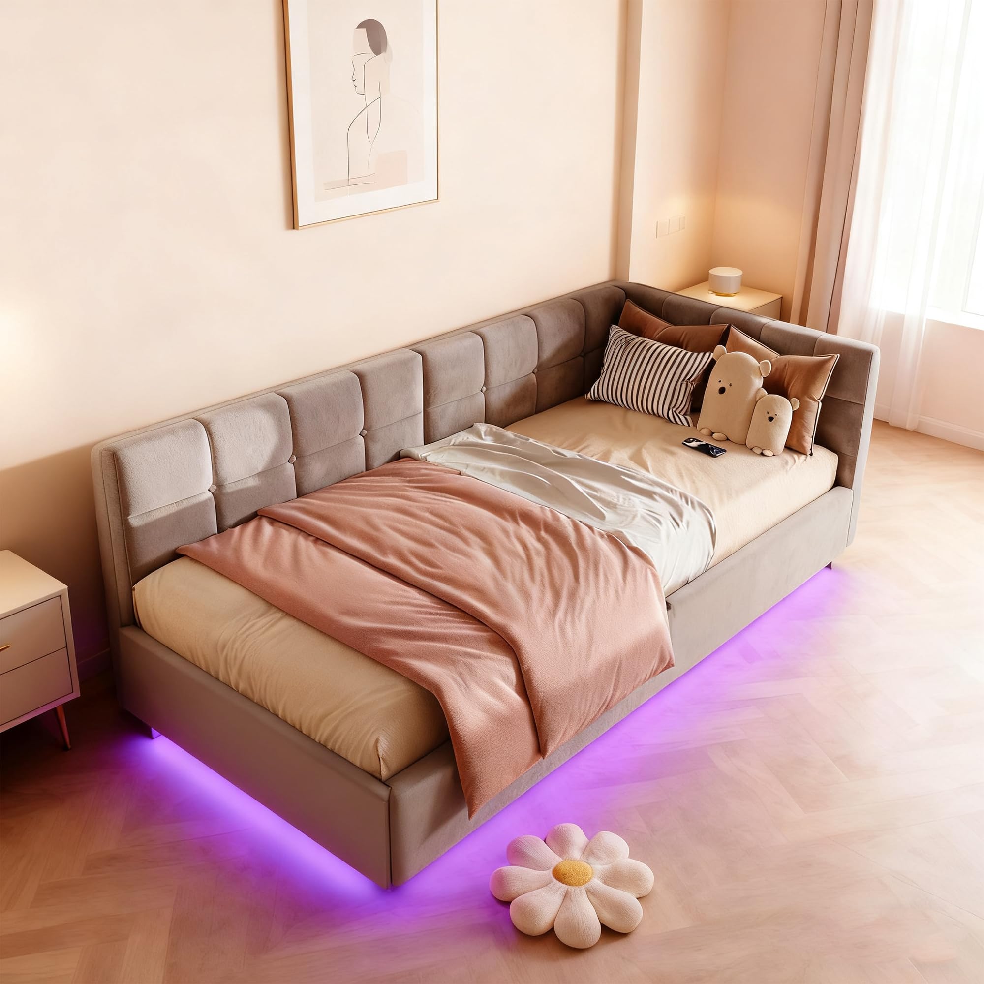 Hydrauliquet rozkładana sofa 90 x 200 cm, łóżko bagażowe 90 x 200 z LED i gniazdem USB, aksamitna tkanina, 1-osobowa sofa łóżko pojedyncze ze stelażem na listwę, rama łóżka dla dzieci i młodzieży