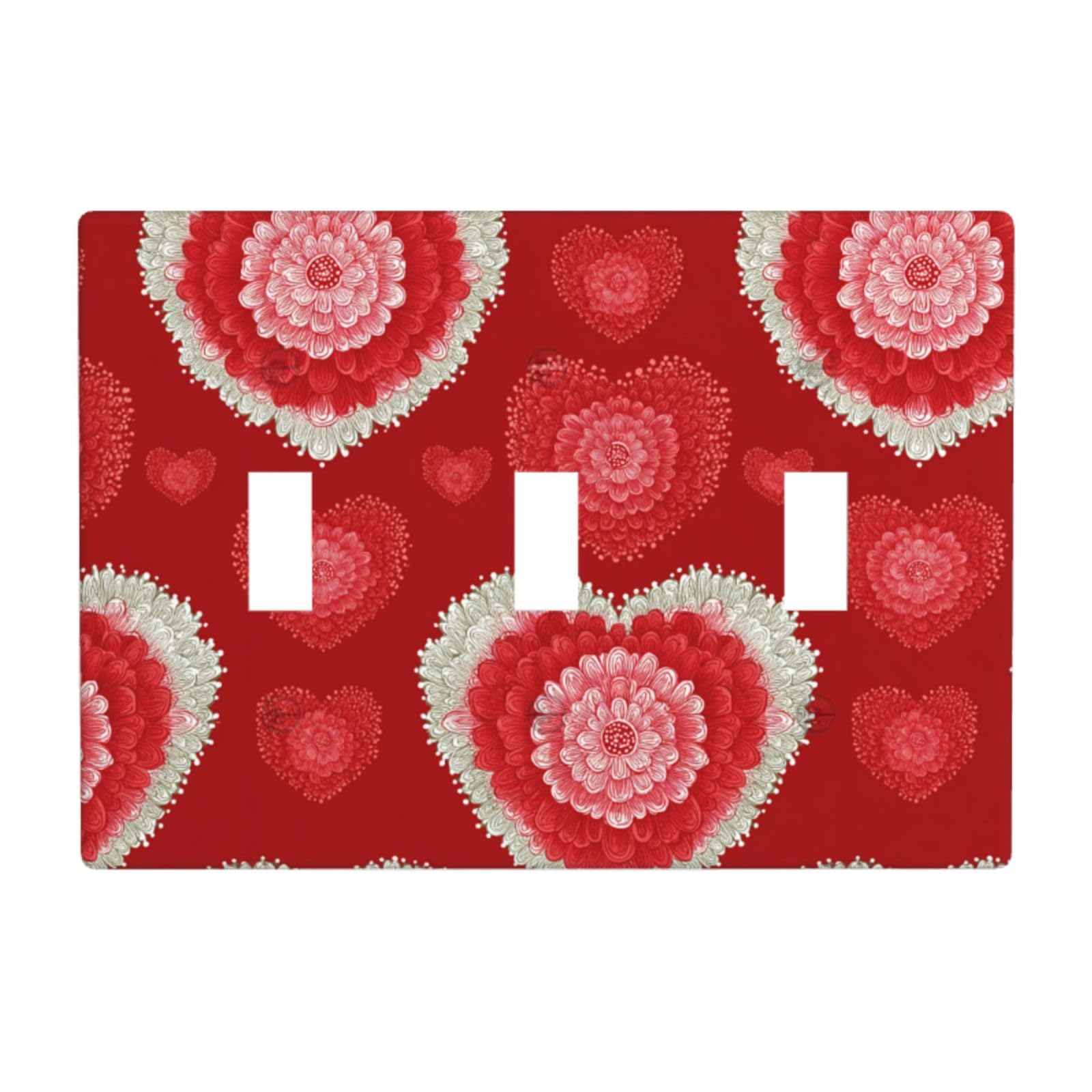 Woshuwo White Red Heart Blossom Mandalas Light Switch Covers 3 Gang Triple Toggle Wall Plate Switchplate Electrical Faceplate For Bathroom Kitchen Bedroom Decor