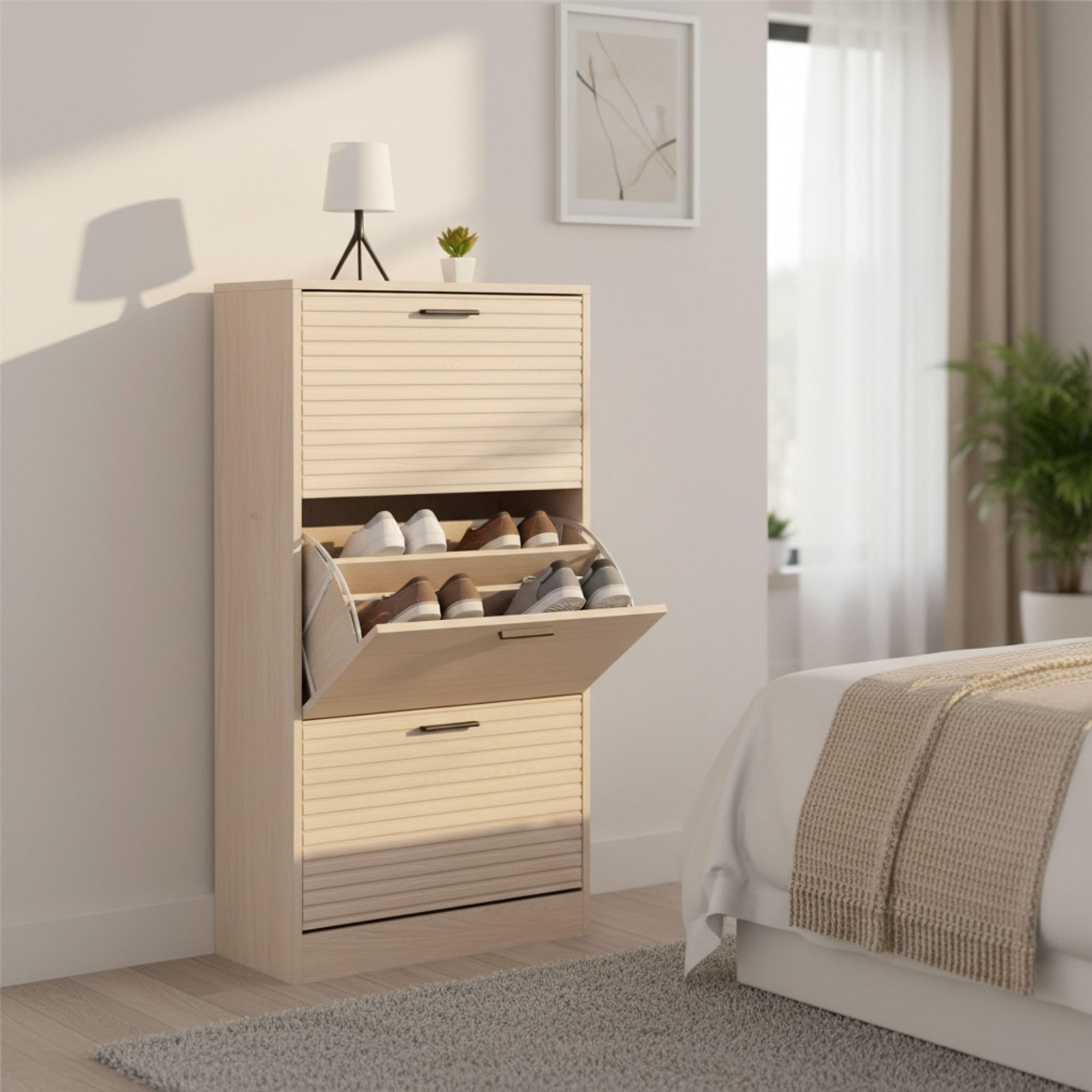 INDE MOBLEKIT | Zapatero 3 Niveles 60×24×115 cm Acabado Slat, Mueble Zapatero Entrada Estrecho con Puertas Abatibles, Organizador de Zapatos para Recibidor o Dormitorio