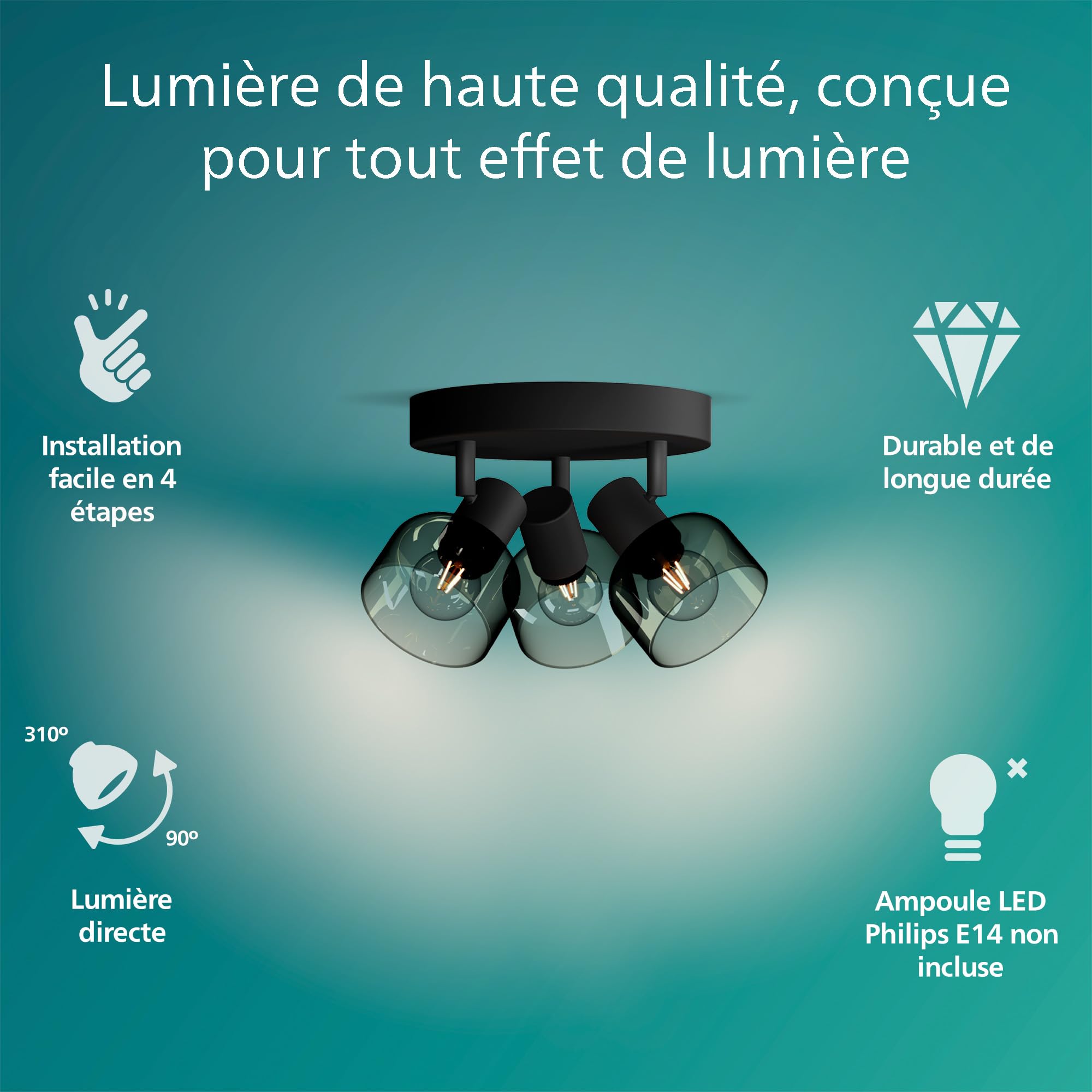 Philips Sleet Spot 3 têtes sur platine ronde, E14 non inclus, Noir, IP20