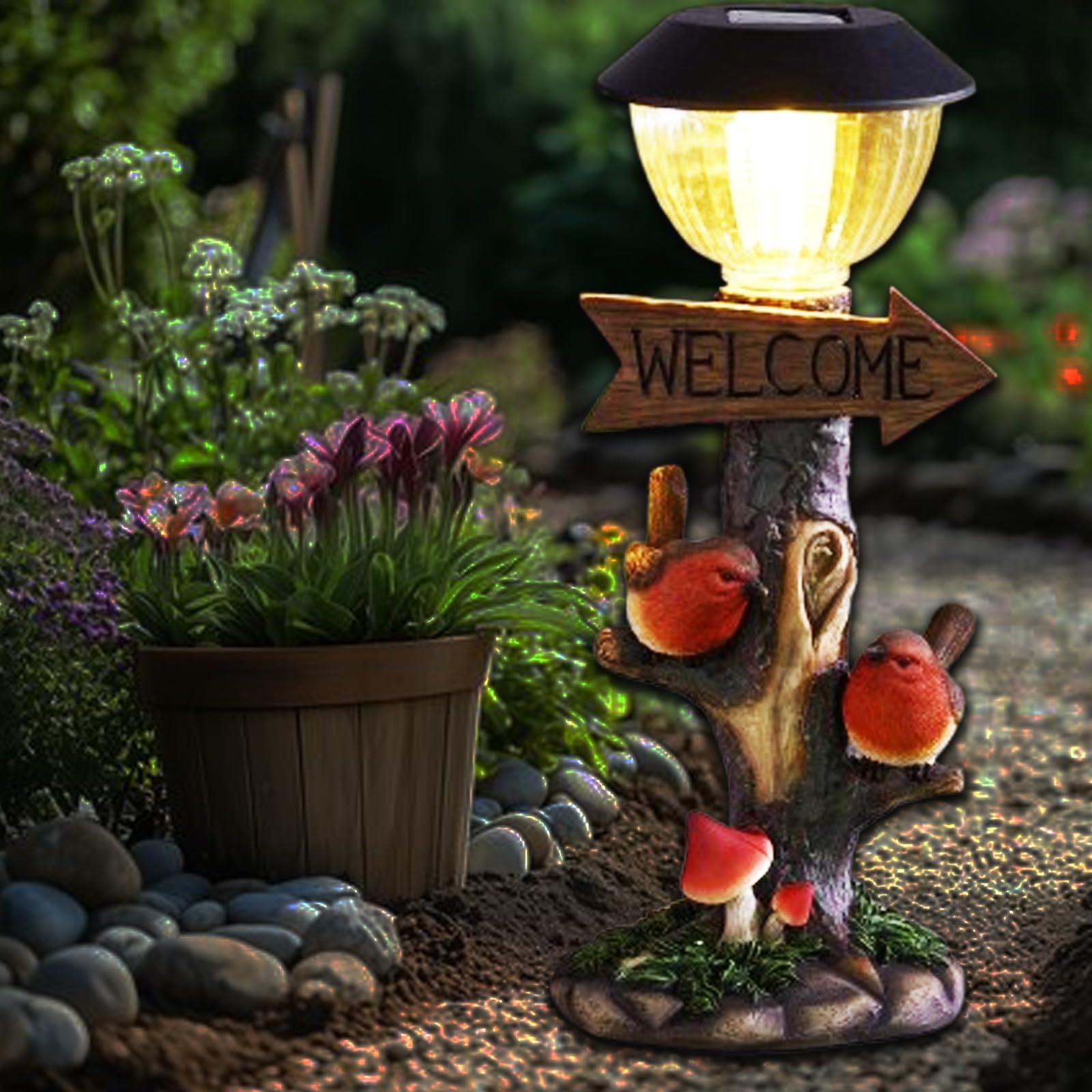 Bloomingtons Direct Red Solar Light Outdoor Garden, Robin Welcome Sign For Outdoor, Automatic Sensor Light Up Lampost For Garden, Solar Accessories For Lawn, Yard, Patio