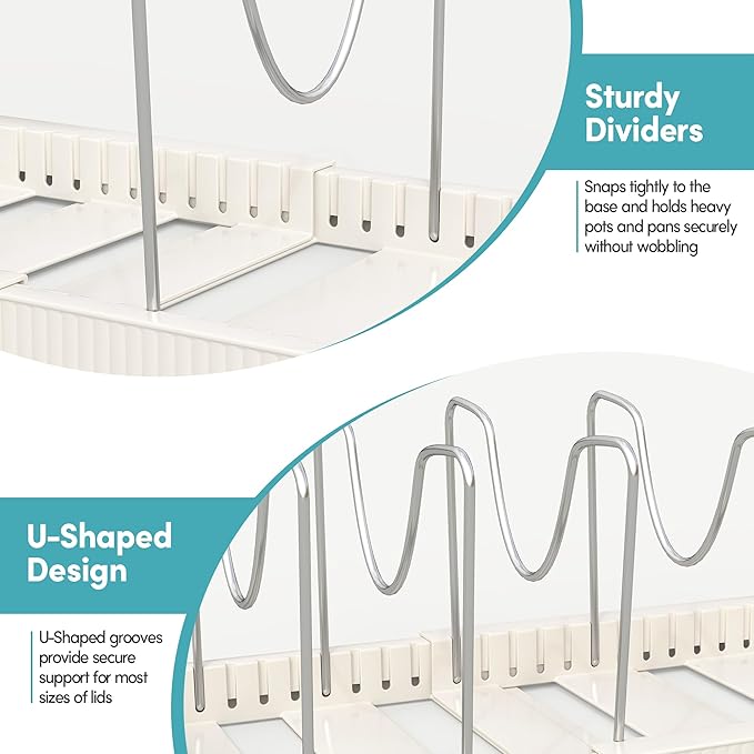 Pots and Pans Organizer for under Cabinet, Pan Pot Organizers inside Cabinet, Expandable Organizer with 12 Adjustable Dividers for Cookie Sheets, Cutting Boards, Pot Lids, Cookware - Frying Pan Rack