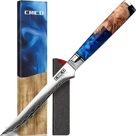 CRICO Damascus Chef Knife 8 inch, Professional Kitchen Knives with Sheath, Forged Japanese VG10 67-Layers Super Steel, Stable-Wood&Resin Handle, Razor Sharp, Gift Box - Flow Series