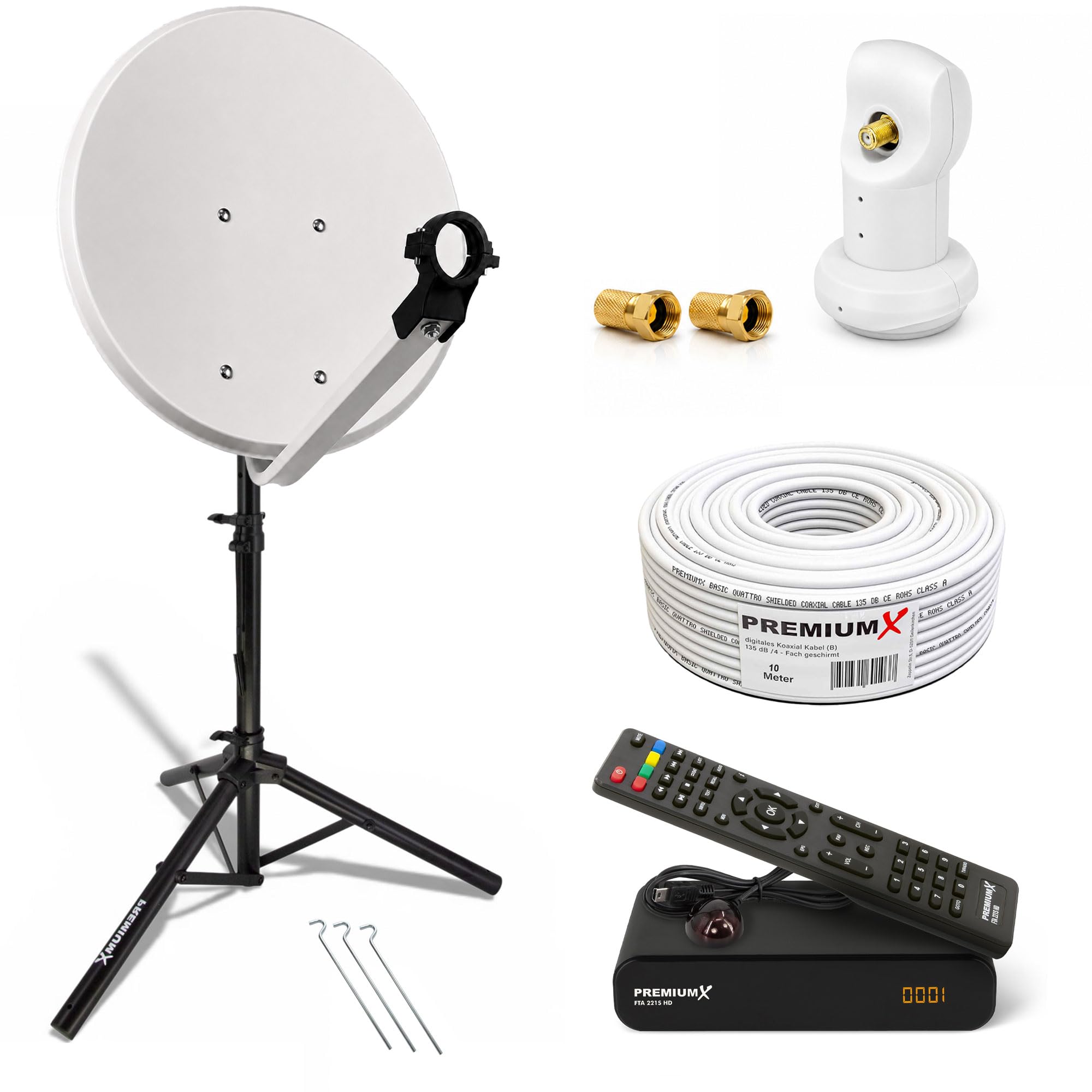 PremiumX Camping Satelliten-Komplettanlage 60cm Antenne Hellgrau SAT Single LNB Dreibein-Stativ TV Kabel Sat-Receiver HDMI-Kabel