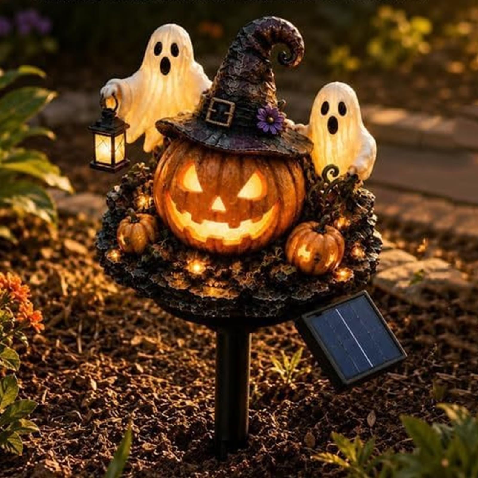 Solar Halloween Pumpkin Resin Stake Light Waterproof Outdoor(Style A)