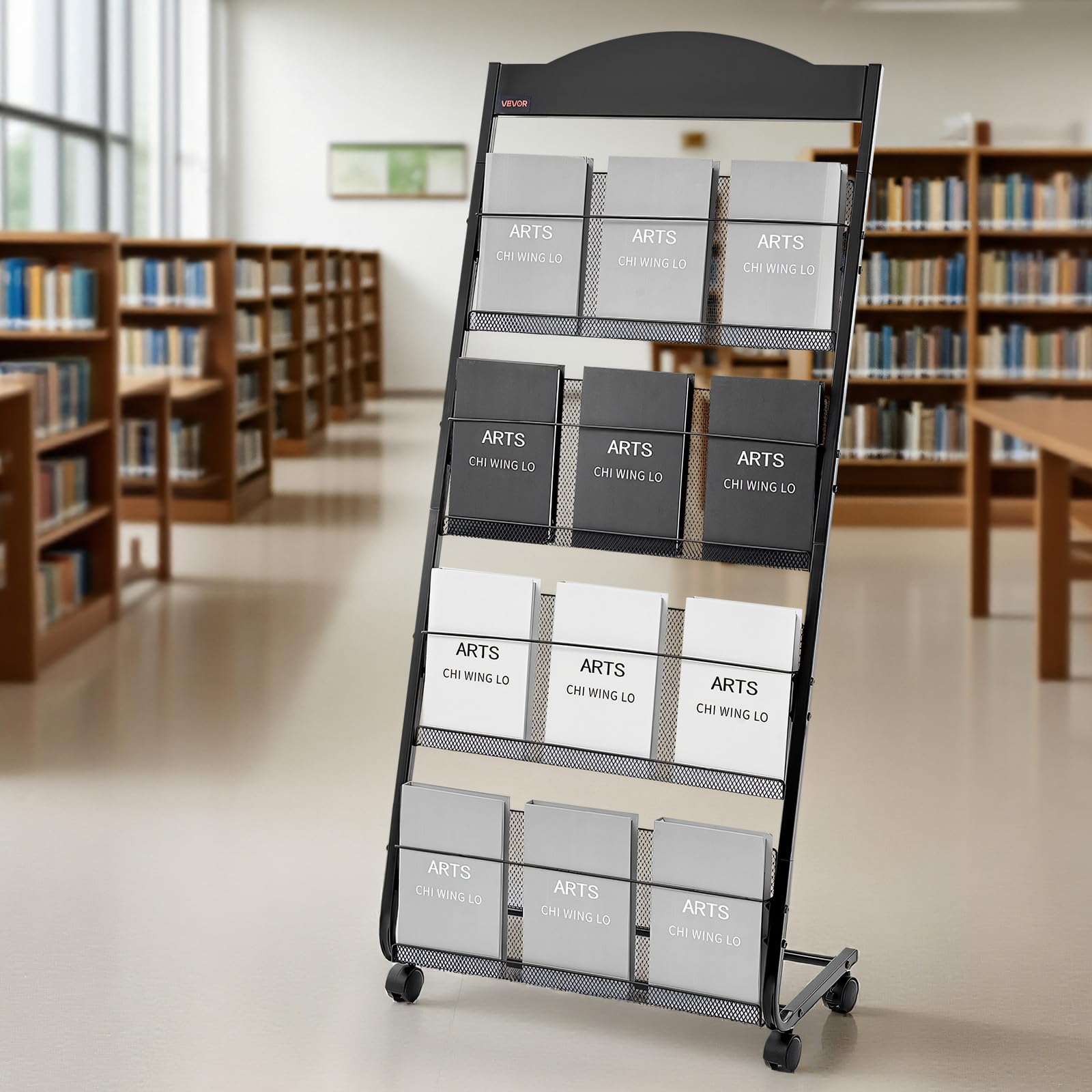 VEVOR faltbarer Prospektständer Zeitschriftenständer mit 4 Taschen, rollbarer Literaturständer Kataloghalter Schrägsteller, Buchständer Bodenaufsteller für Messe, Büroshows, Ausstellung