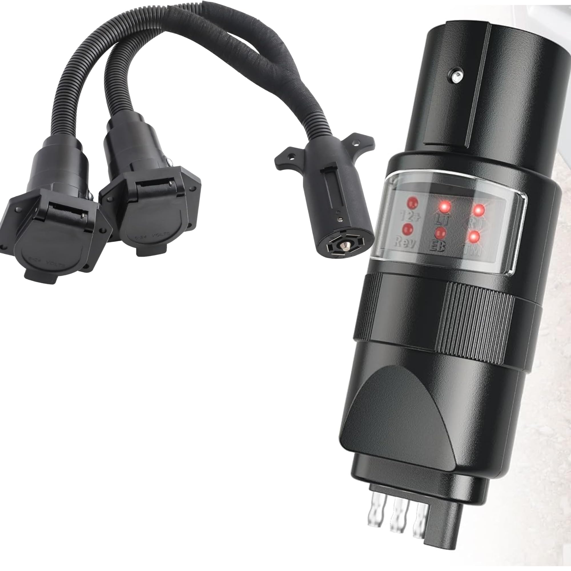 MECMO 360° Rotatable Vehicle Side Trailer Socket Circuit Tester, 7 Way Blade & 4 Pin Trailer Light Wire Tester, 7Pin Trailer Y Splitter Plug for Connecting Slide in Truck Camper and Trailer Adapter