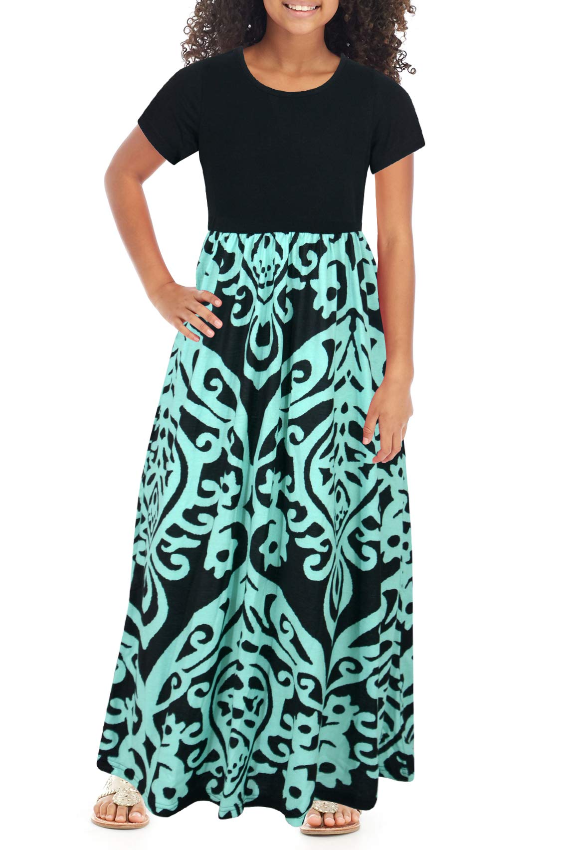 GORLYAGirl's Short Sleeve Patchwork Floral Print Loose Casual Long Maxi Dress with Pockets for 4-12 Years Kids