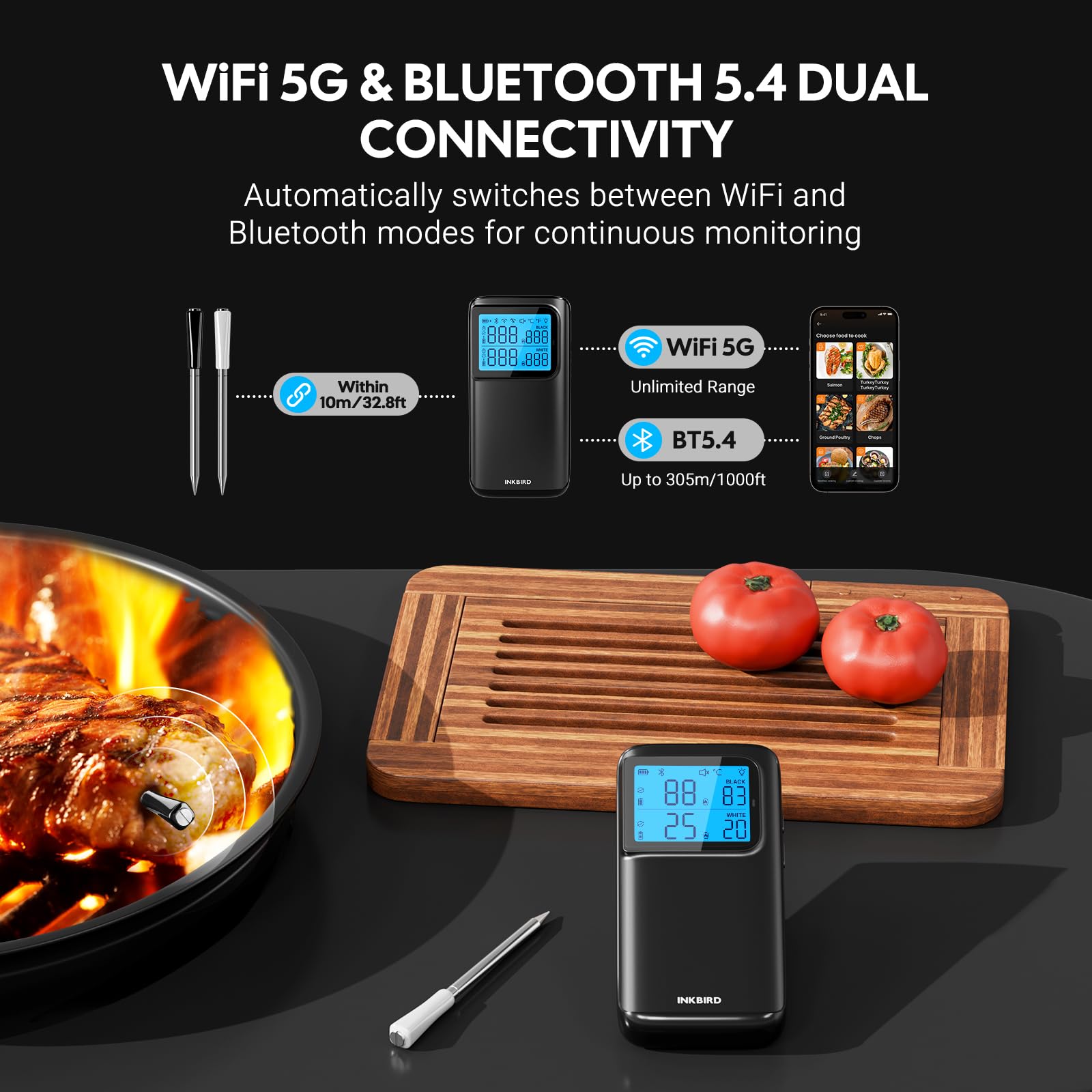 INKBIRD Termometro Wireless Multi-Sensore per Carne,Connessione WiFi 5G e Bluetooth 5.4,Doppia Sonde con 5 Sensori,Allarmi per Alte e Basse Temperature,per BBQ,Grigliate,Affumicatori,Forni,Cucina