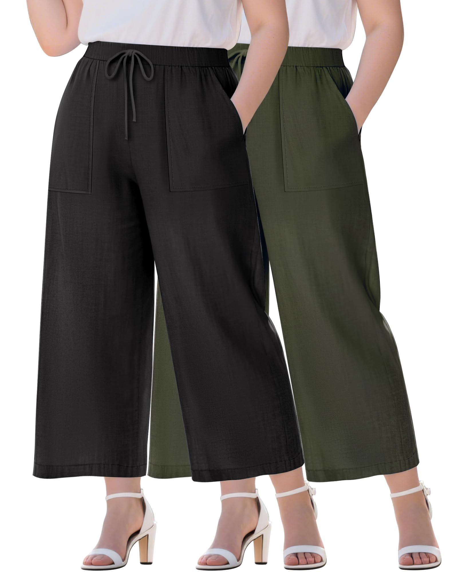 Neer 2 Pack Womens Plus Size Linen Pants Casual Summer Beach Pants with Pocket Drawstring High Waisted Loose