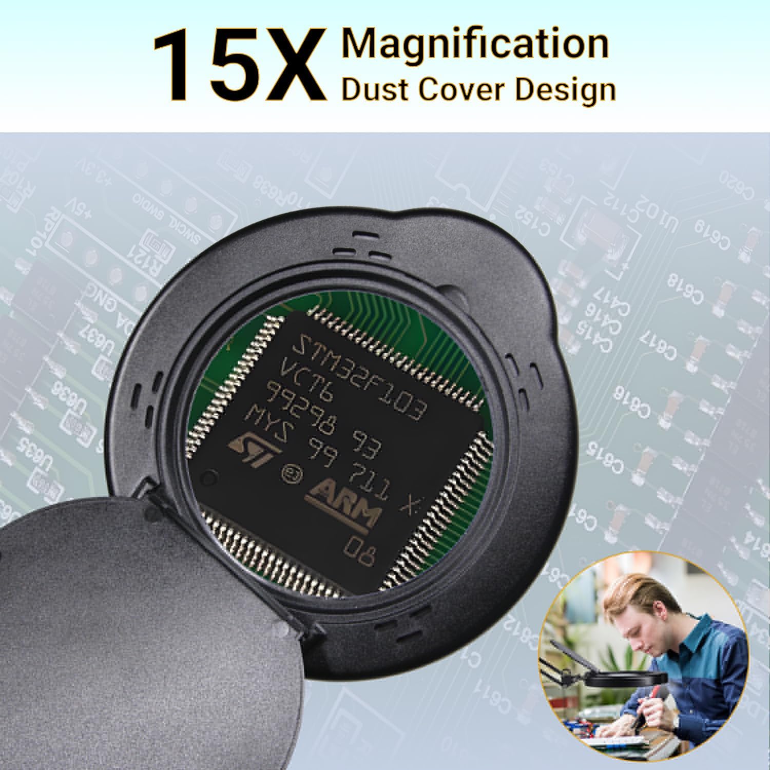 15X Magnifying Glass Desk Lamp with Clamp, Real Glass Lens with Dust Cover, 84 LEDs, 5 Color Modes, 10 Brightness Dimmable, Long Flexible Swing Arm Magnifier for Reading, Crafting, Repair, Close Works